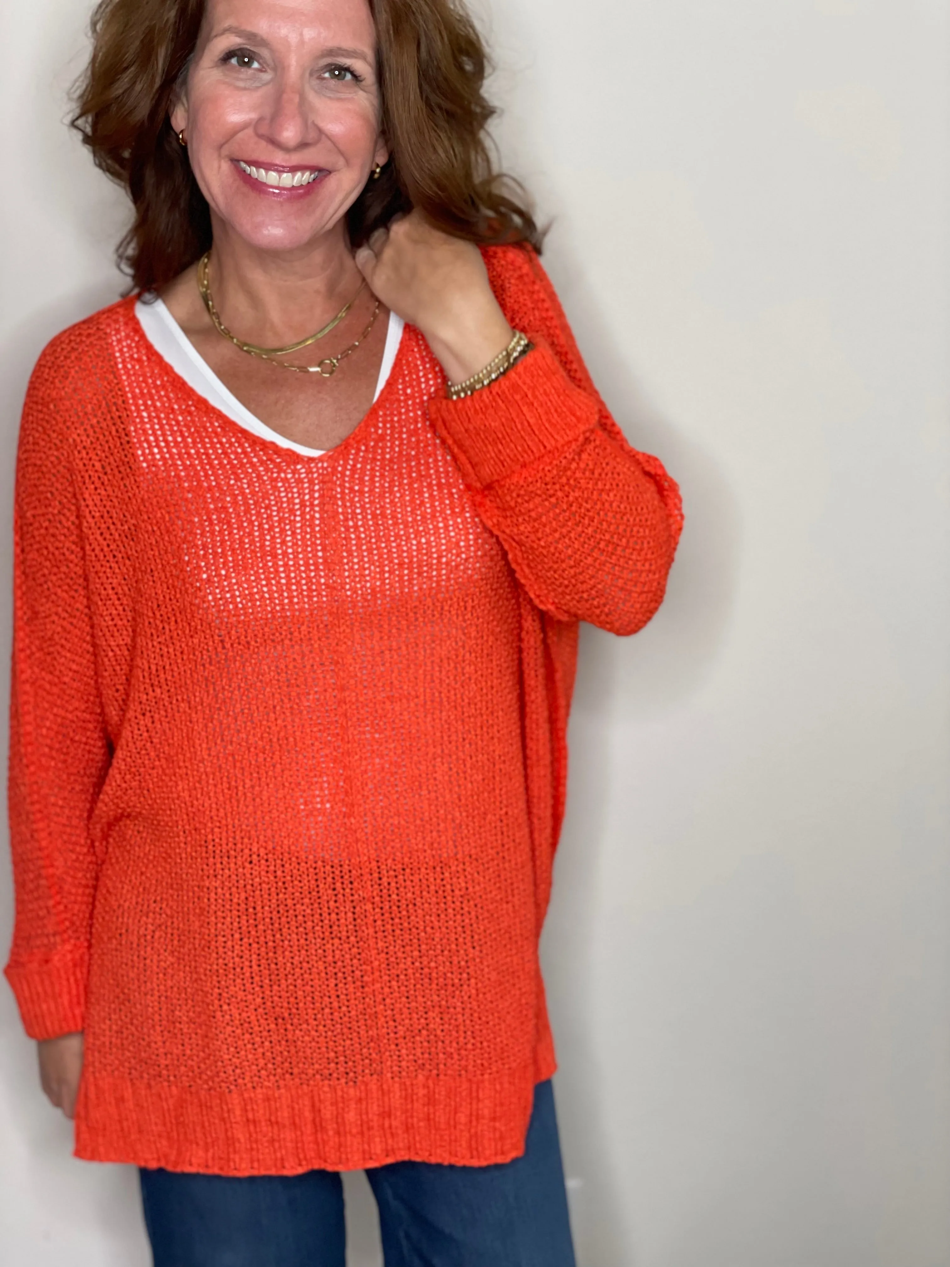 3/4 Sleeve Pullover Sweater - Tiger Lily