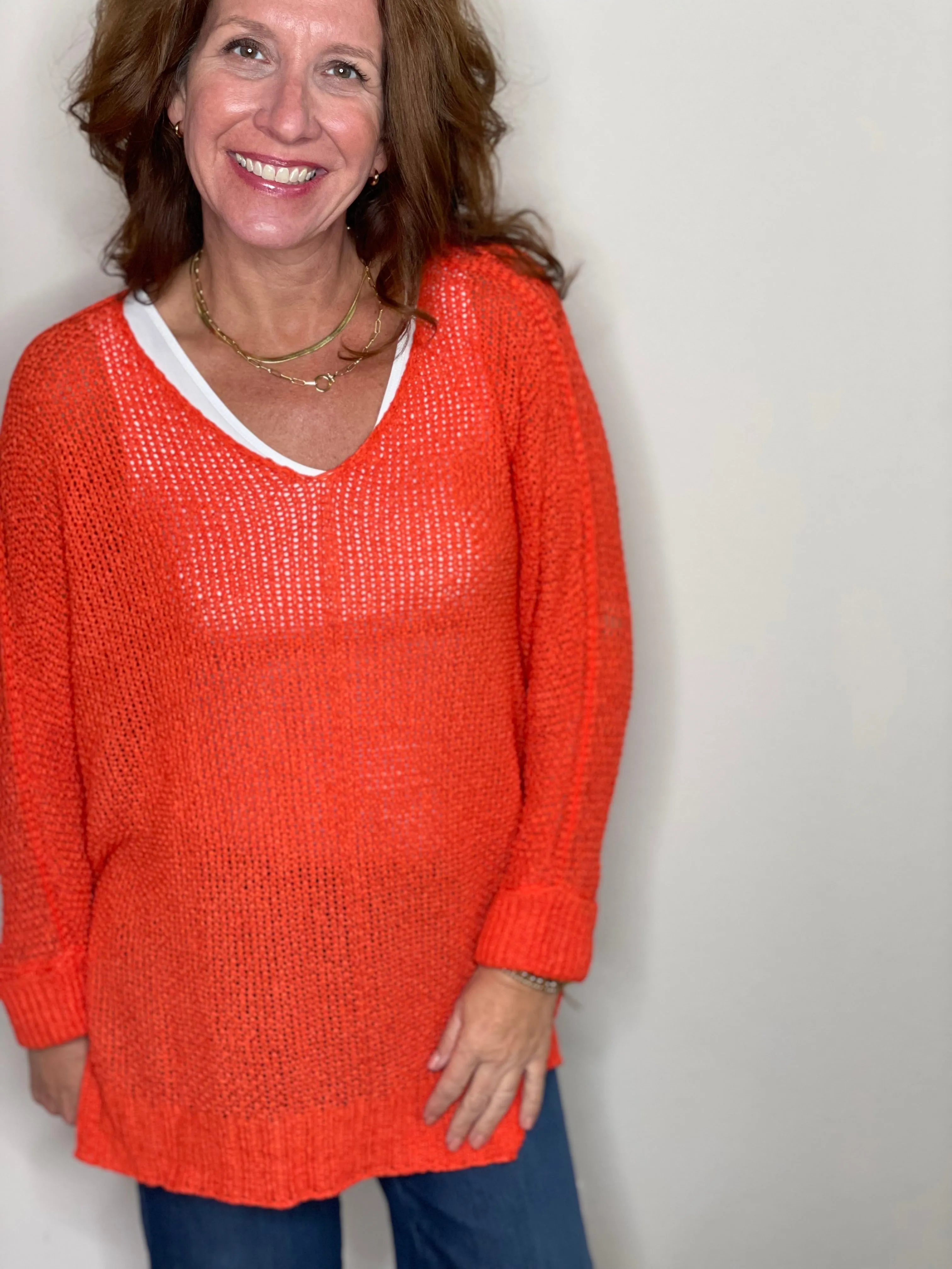 3/4 Sleeve Pullover Sweater - Tiger Lily