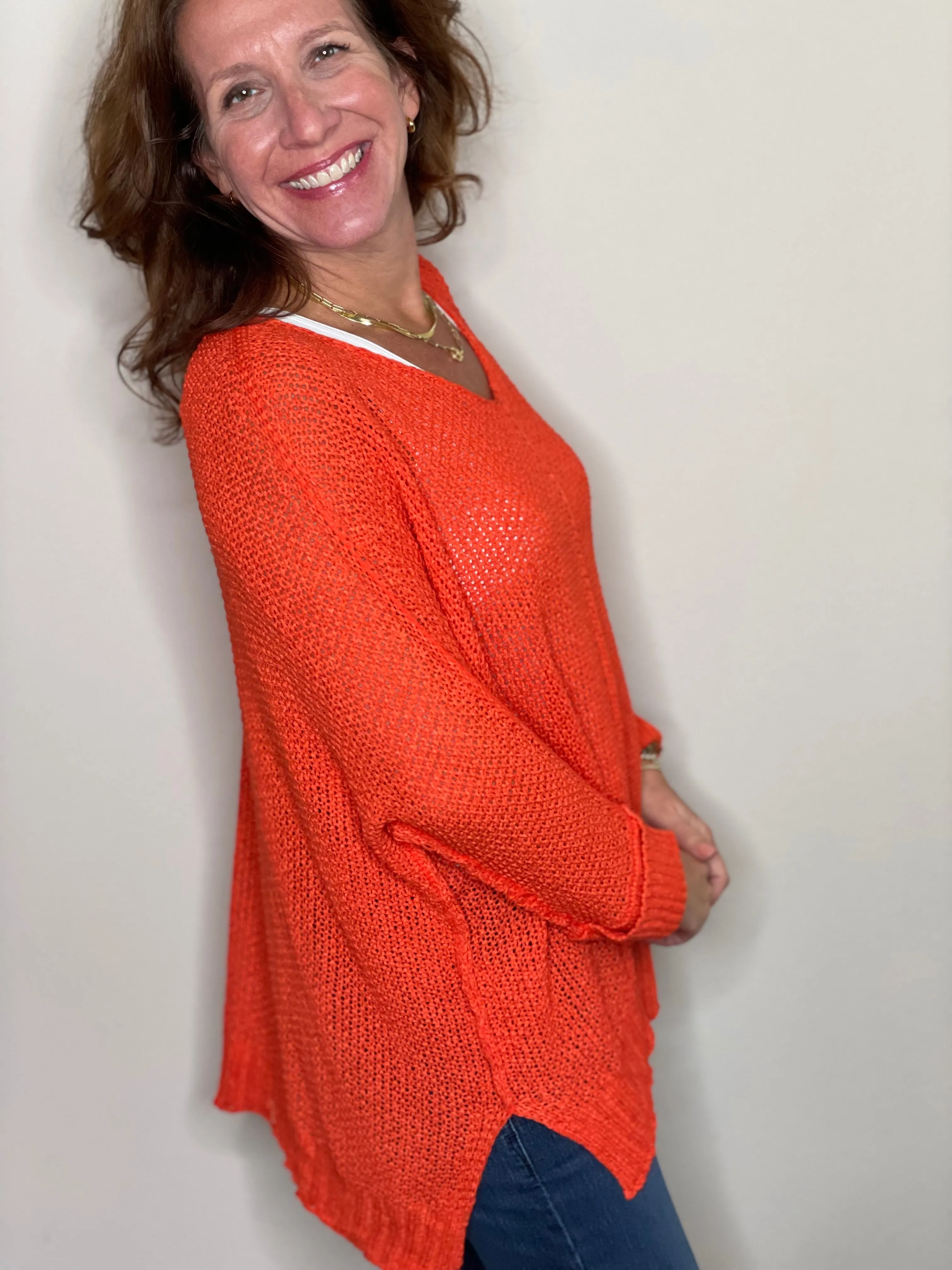 3/4 Sleeve Pullover Sweater - Tiger Lily