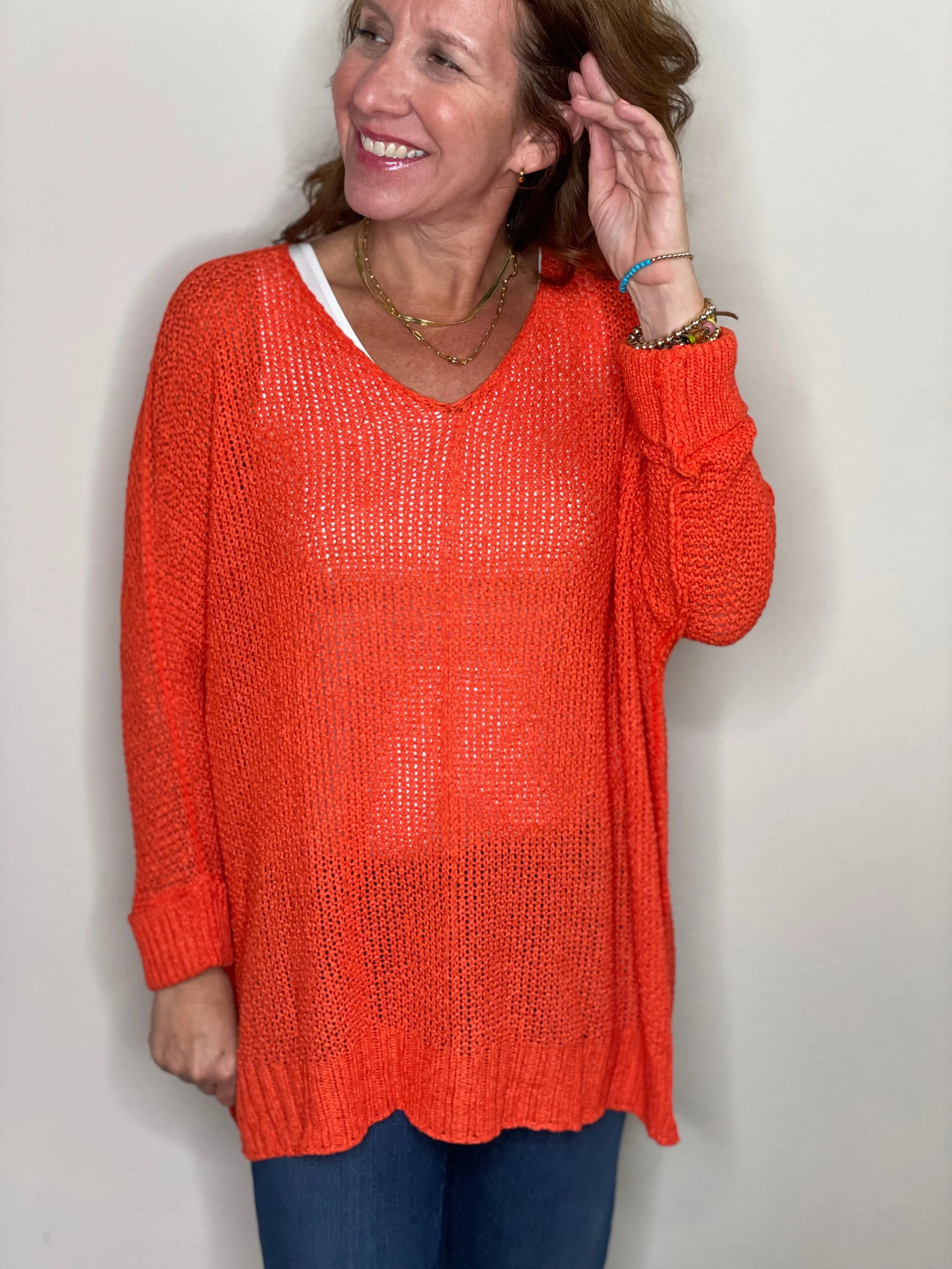 3/4 Sleeve Pullover Sweater - Tiger Lily