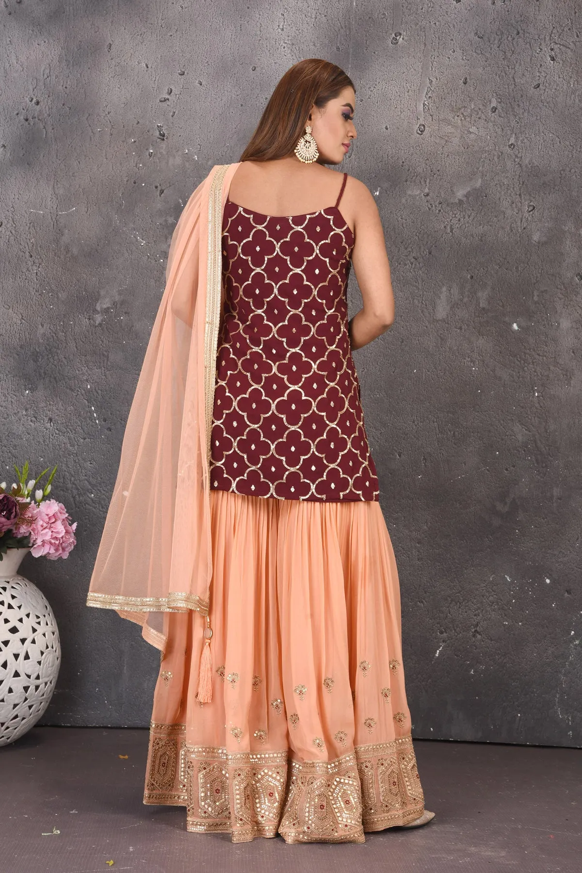 503113 Maroon and Peach Designer Sharara Suit with Dupatta