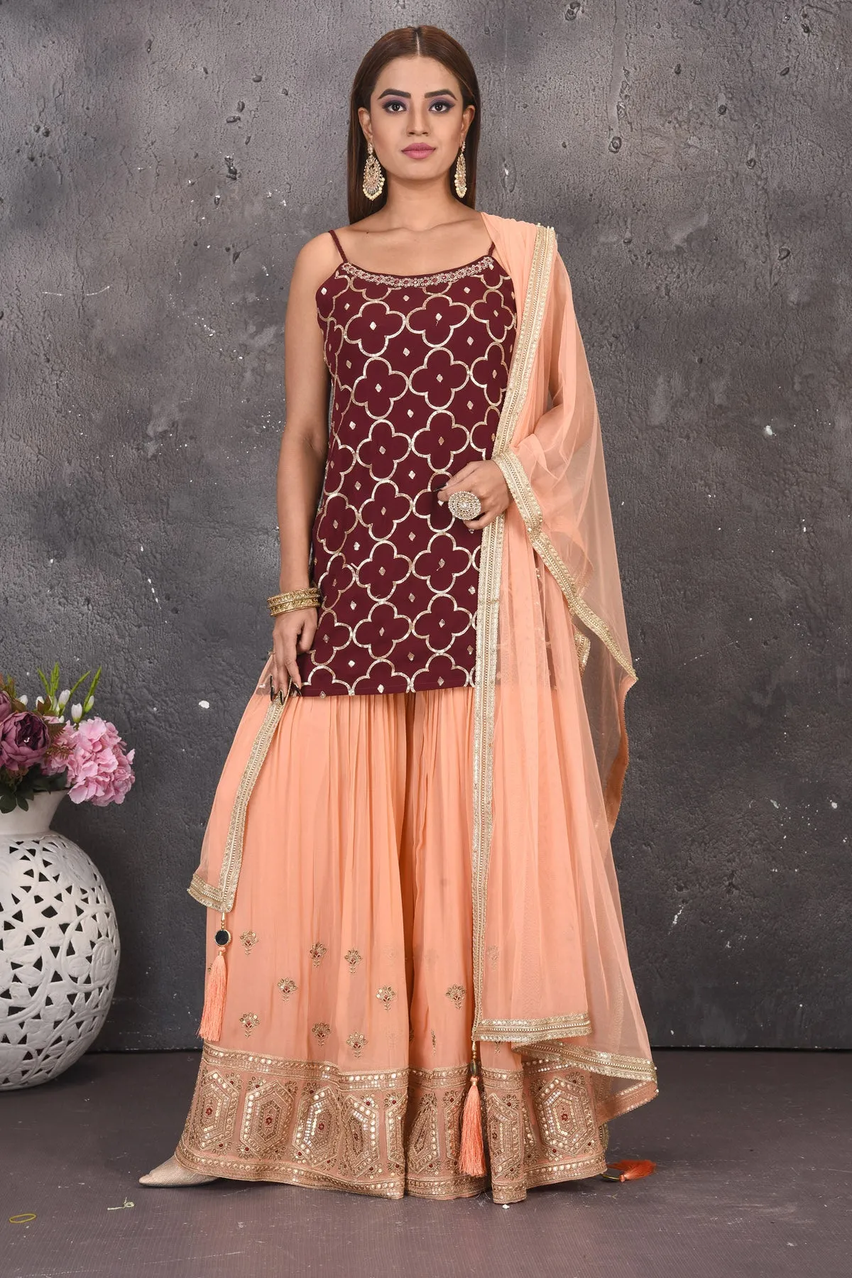 503113 Maroon and Peach Designer Sharara Suit with Dupatta