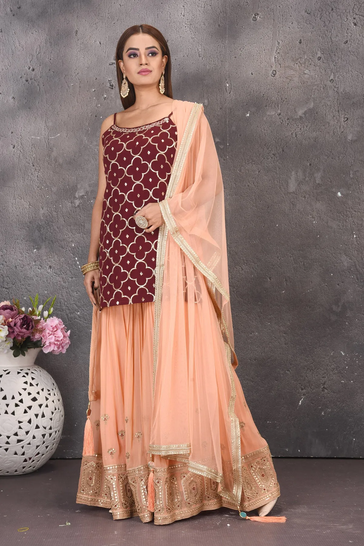 503113 Maroon and Peach Designer Sharara Suit with Dupatta