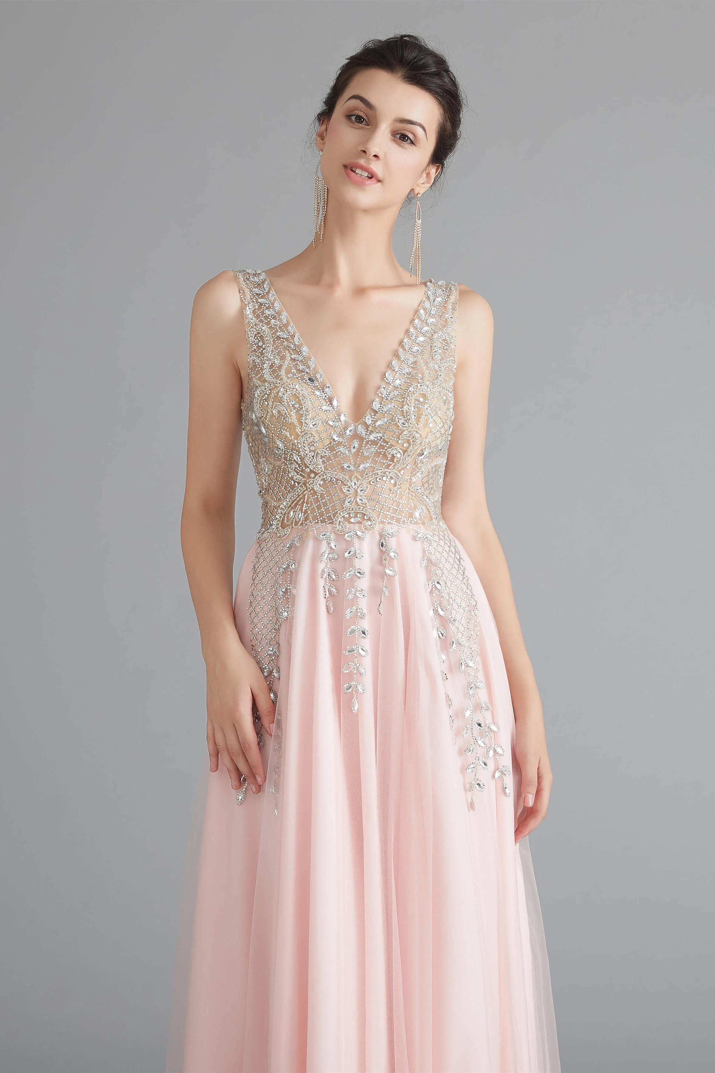 A Line Crystal Pink Split V Neck Backless Beaded Prom Dresses