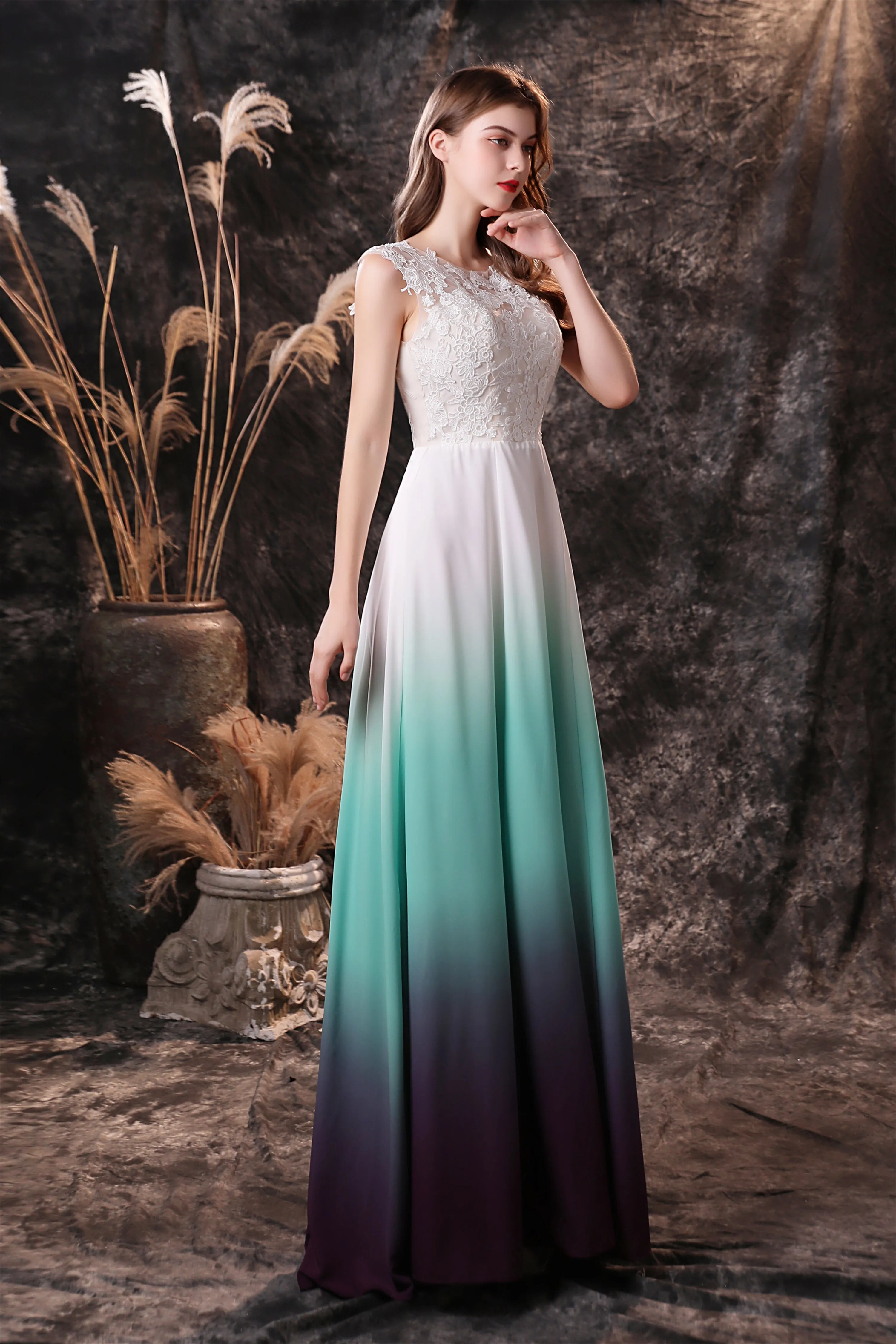 A Line Sleeveless Appliques Ombre Silk Like Satin Floor Length Prom Dresses