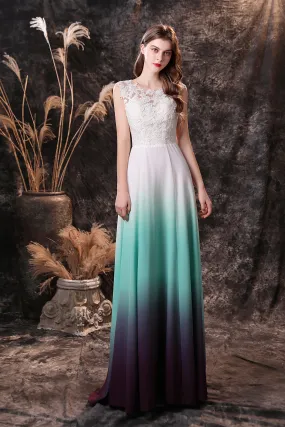 A Line Sleeveless Appliques Ombre Silk Like Satin Floor Length Prom Dresses