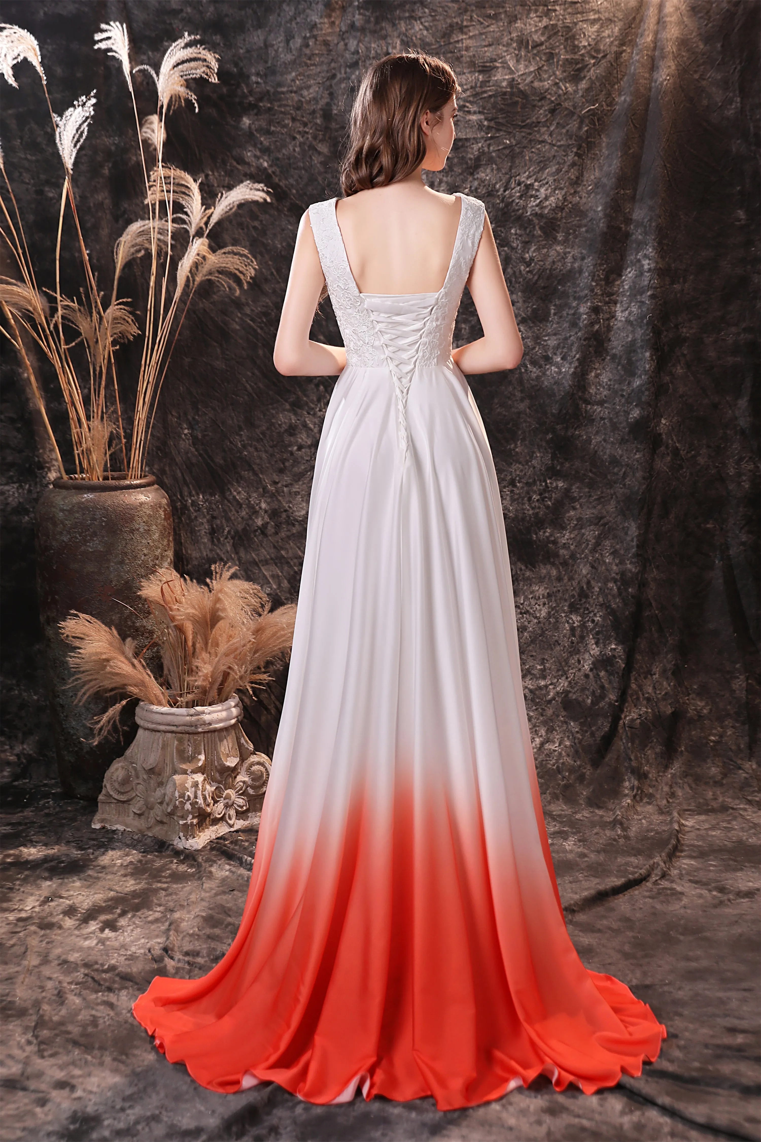 A Line Sleeveless Ombre Silk Like Satin Sweep Train Prom Dresses