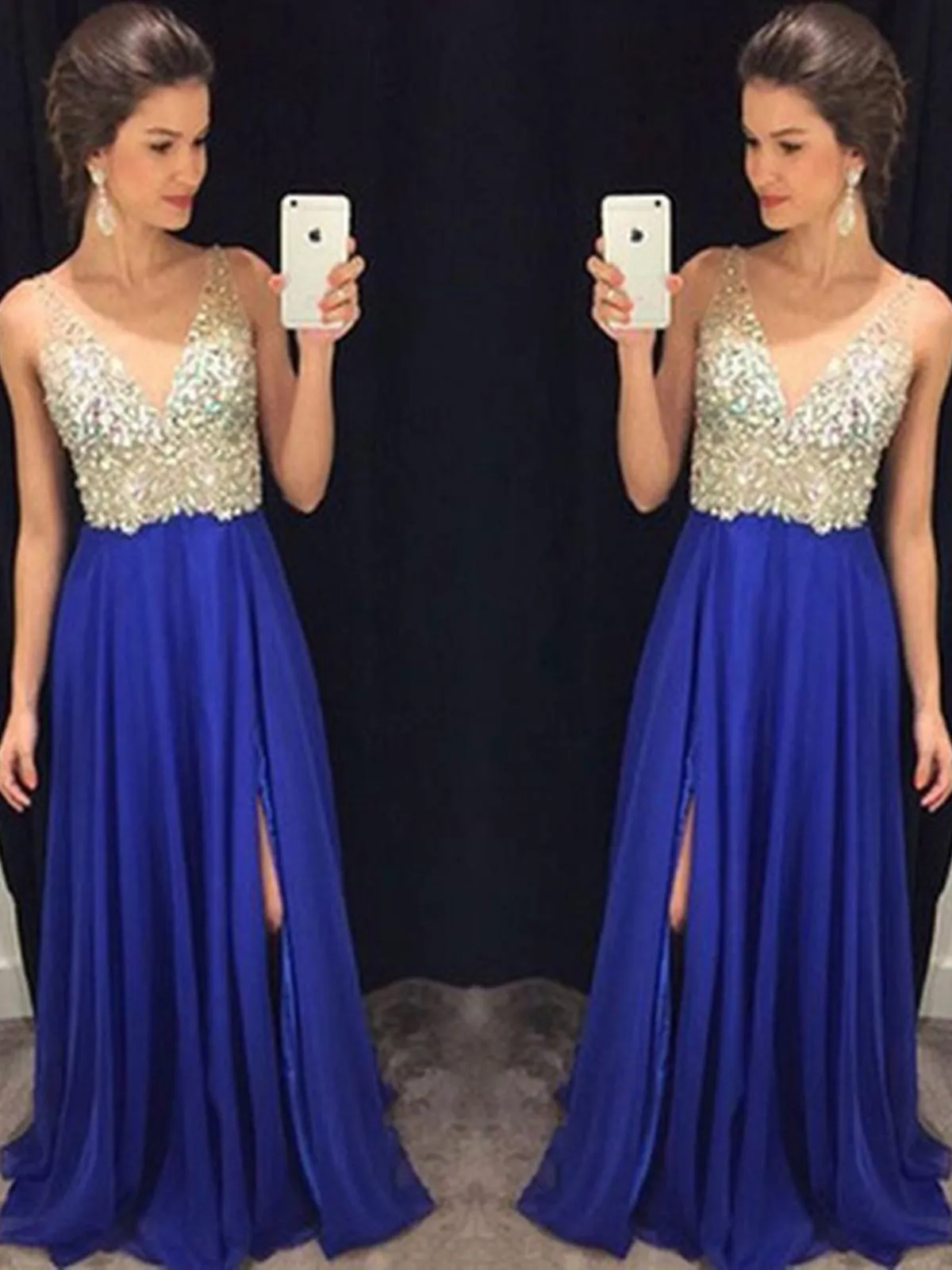 A Line V Neck Blue Prom Dresses, Blue Formal Dresses, Evening Dresses