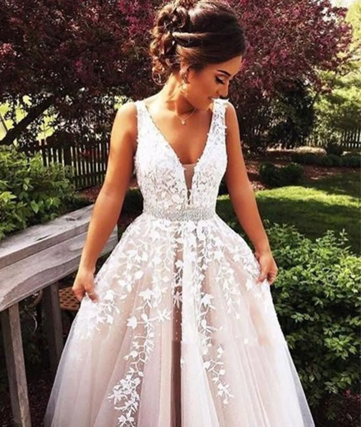 A Line V Neck Lace Wedding Dresses, Lace Prom Dresses, Formal Dresses