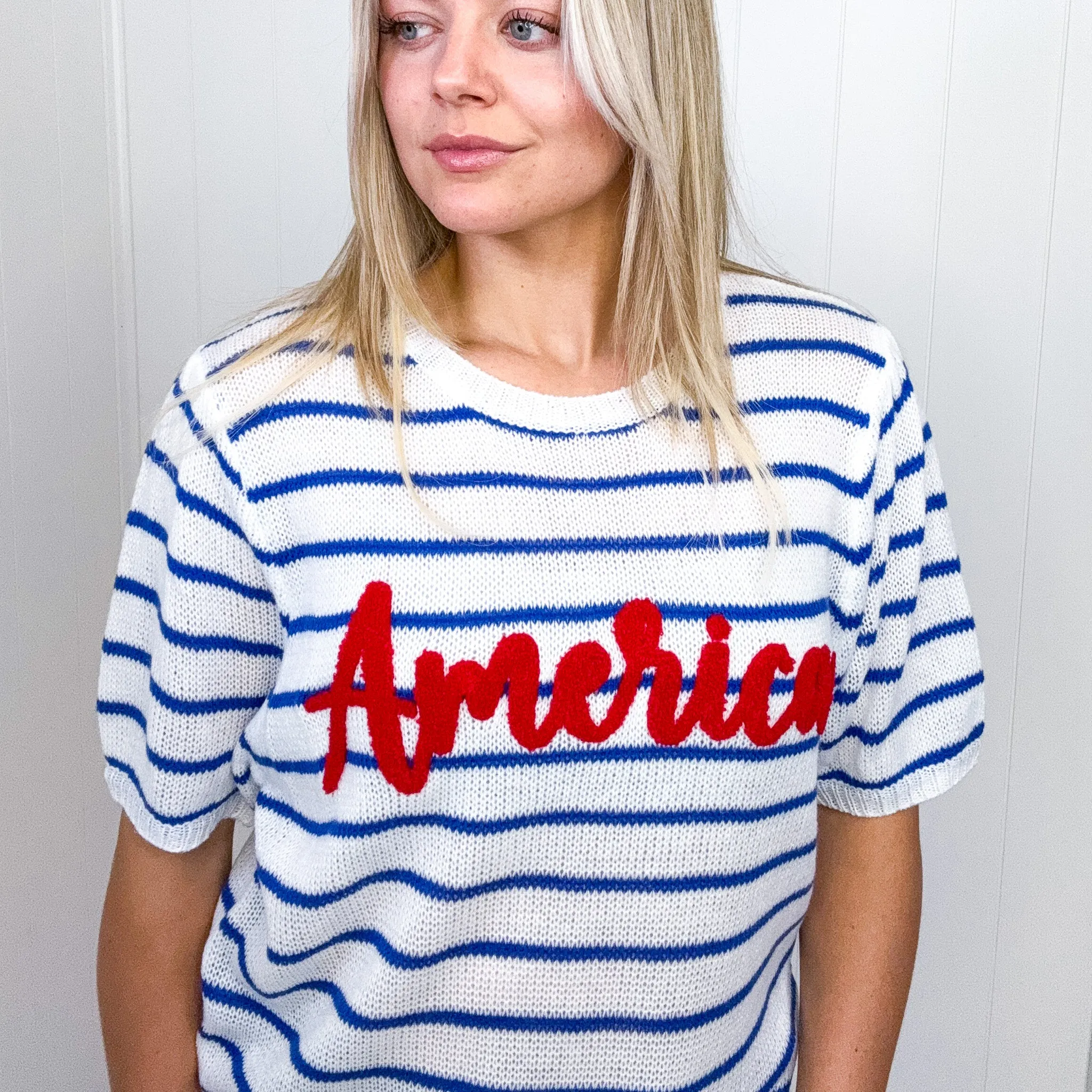 America Proud Blue Striped Embroidered Puff Sleeve Sweater Knit Top