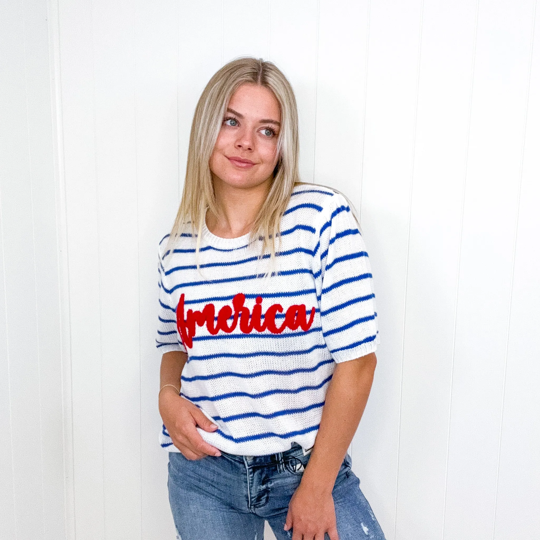 America Proud Blue Striped Embroidered Puff Sleeve Sweater Knit Top