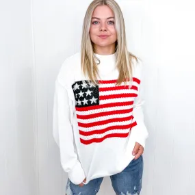 American Flag White Crochet Oversized Knit Sweater