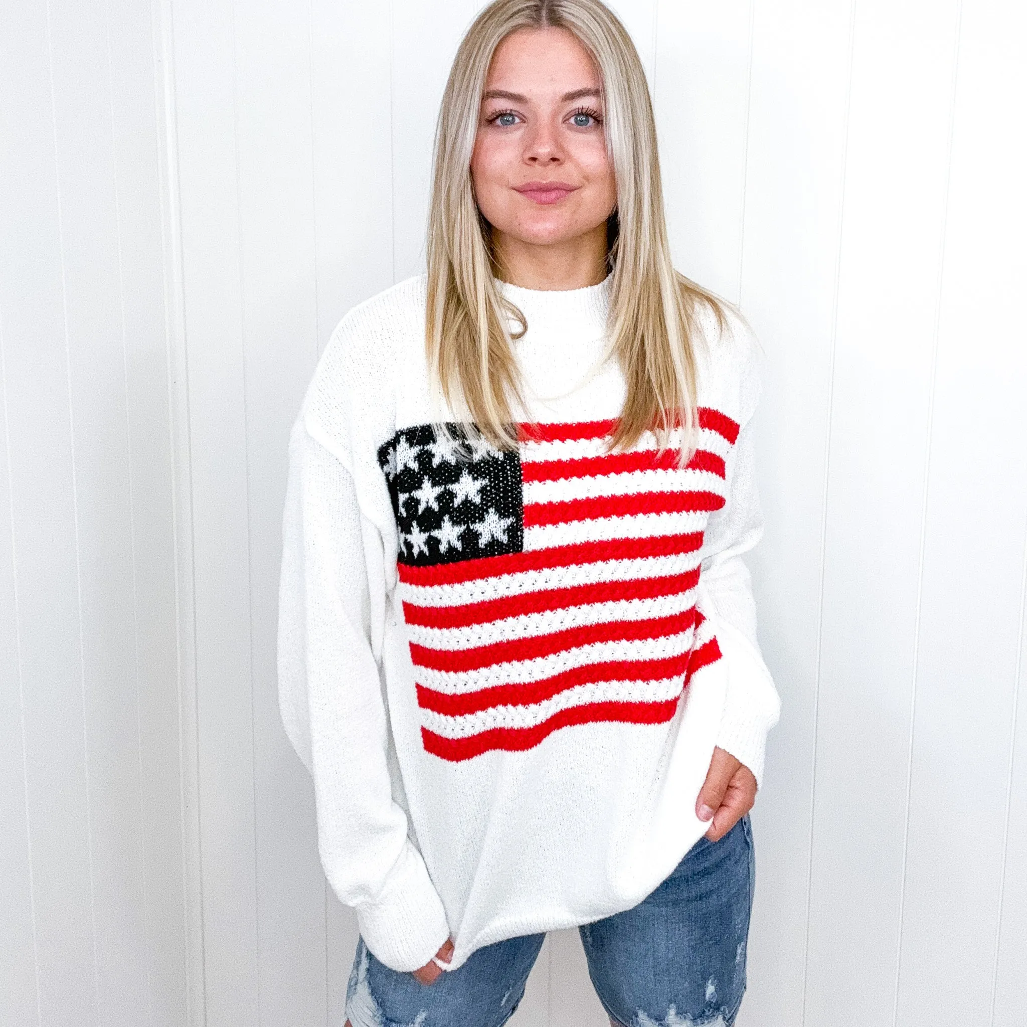 American Flag White Crochet Oversized Knit Sweater