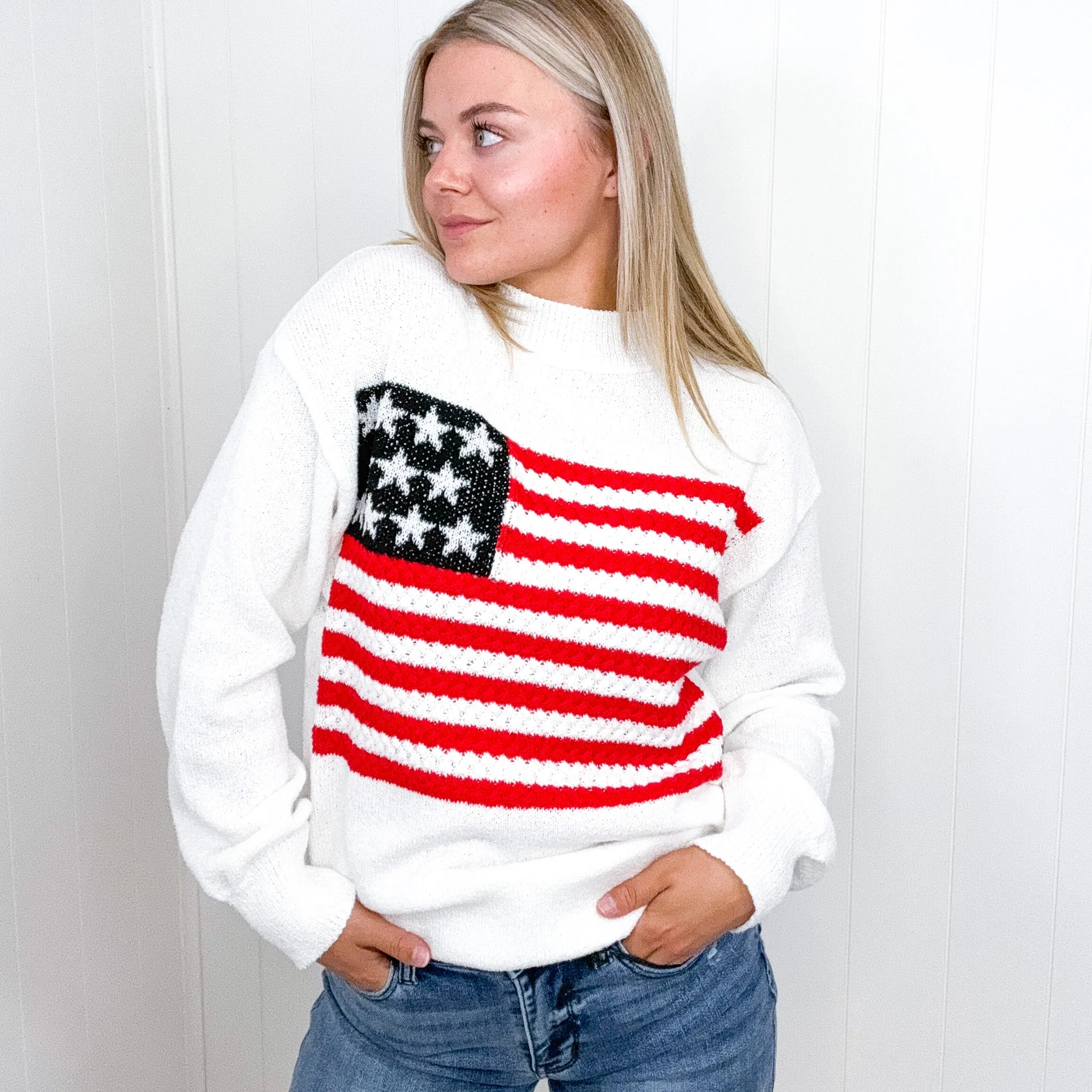 American Flag White Crochet Oversized Knit Sweater