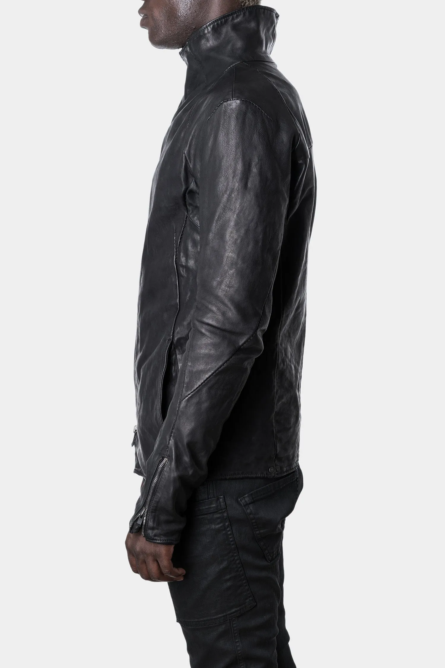 Asymmetrical zip high neck leather jacket