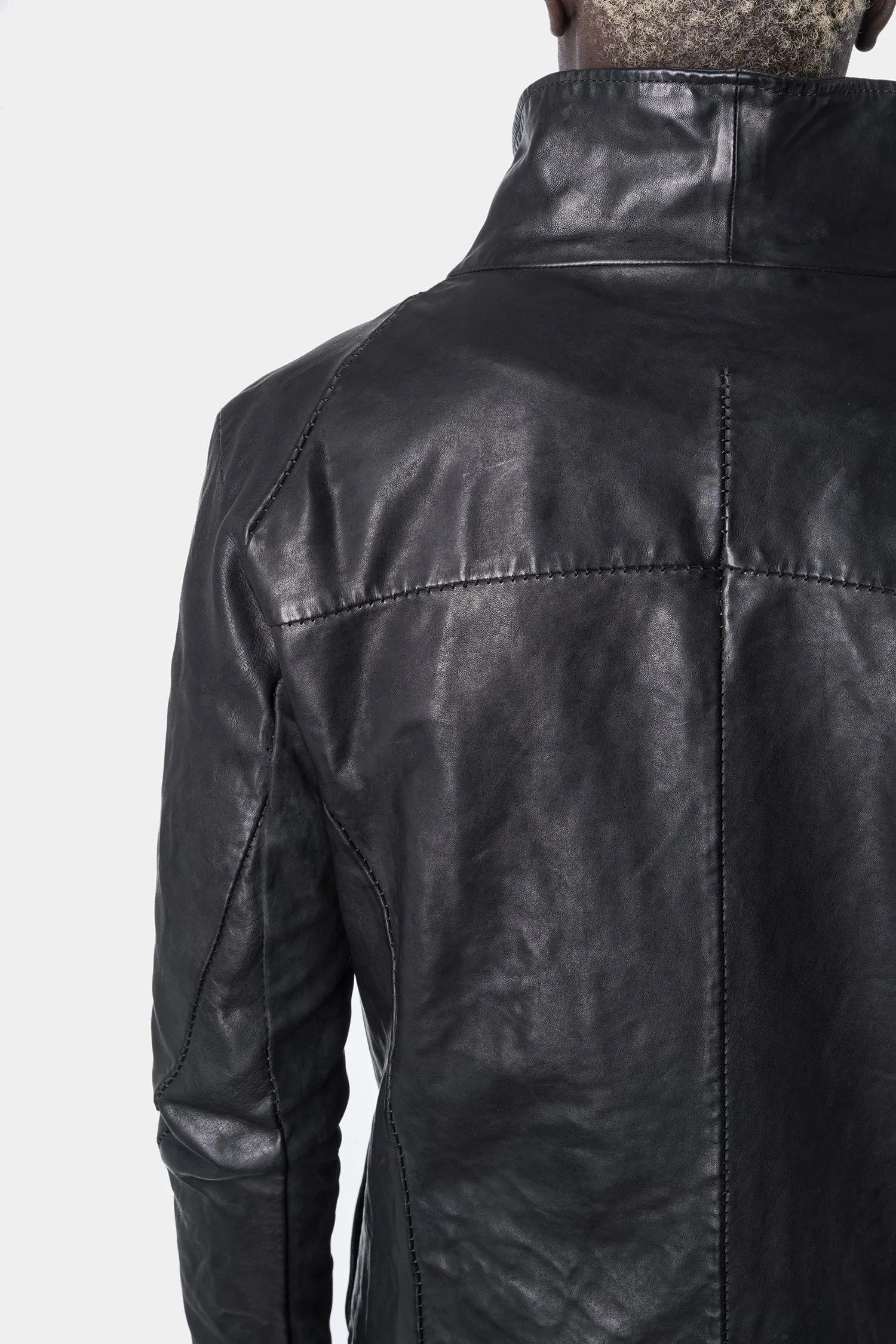 Asymmetrical zip high neck leather jacket