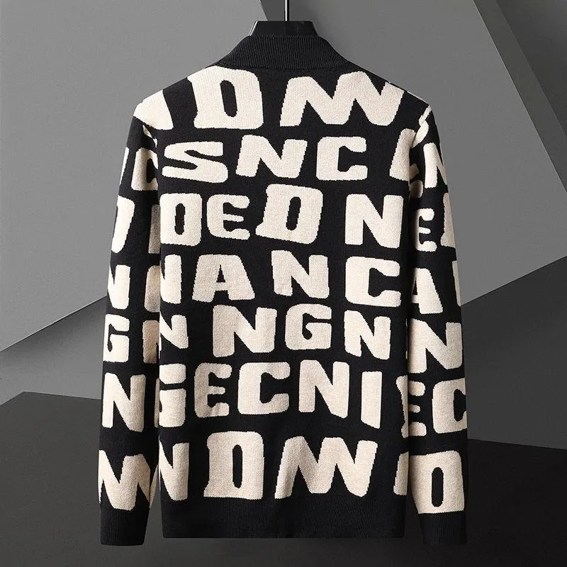 Autumn Korean Men's Striped Letter O-neck Knitted Cardigan Jacket Sweaters