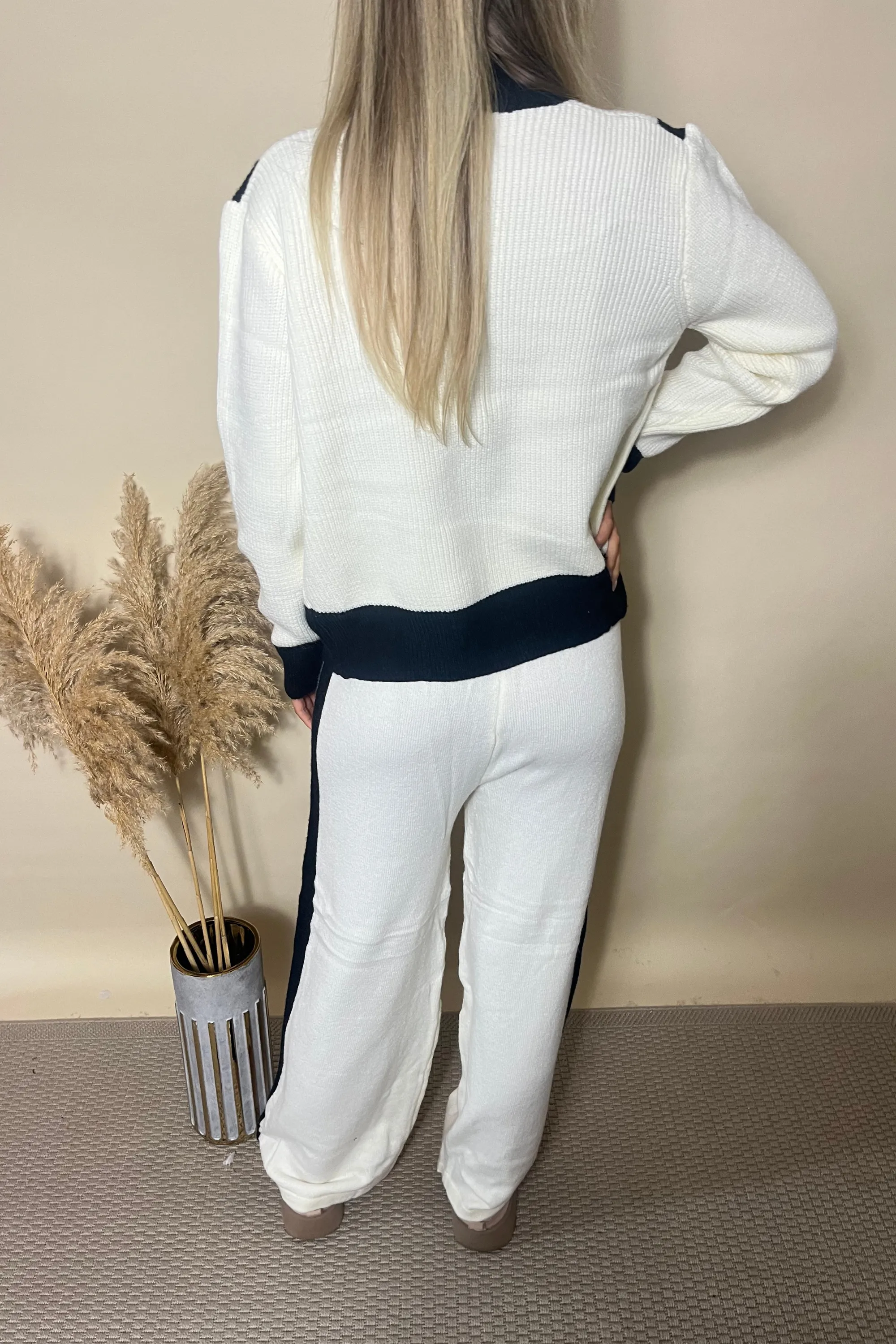 Black & white Knit 2 piece wide leg trouser set