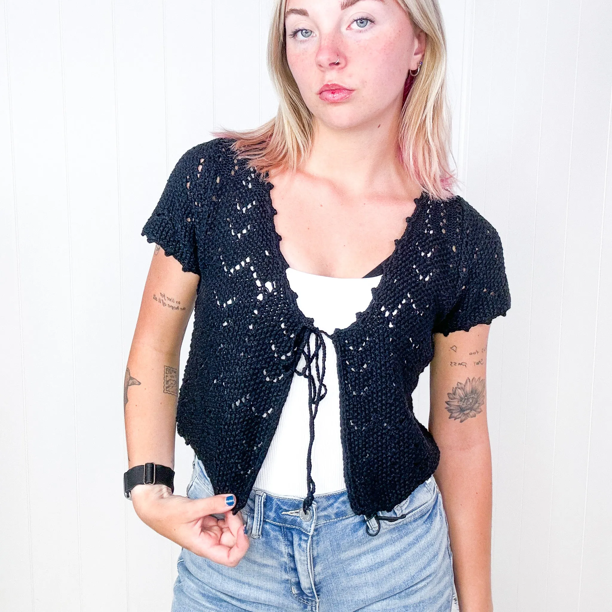 Black Crochet Nighttime Coffee Cropped Cardigan