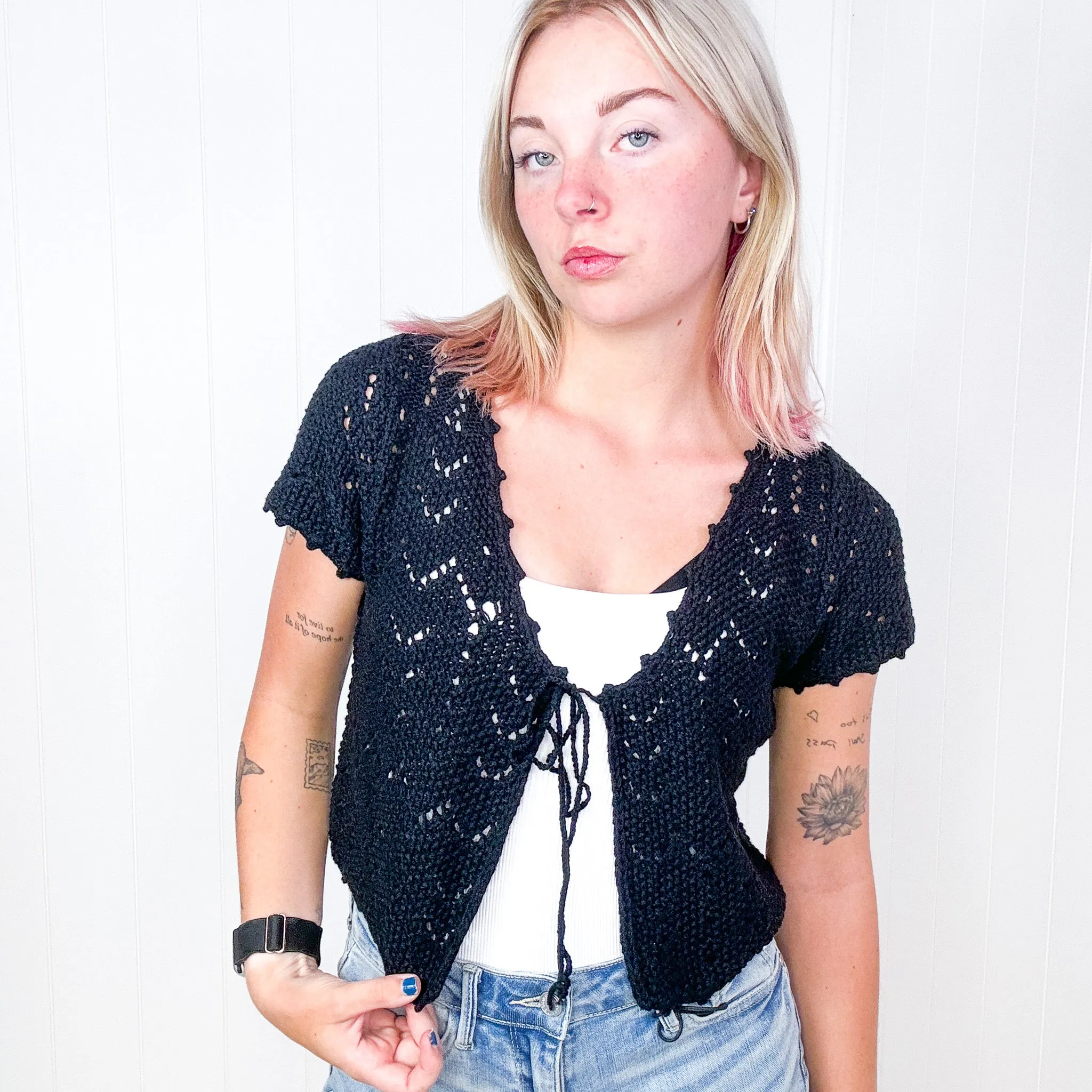 Black Crochet Nighttime Coffee Cropped Cardigan