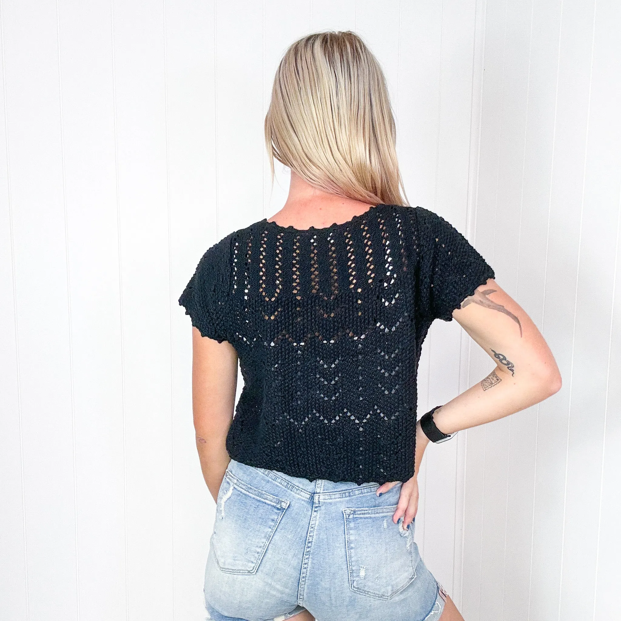 Black Crochet Nighttime Coffee Cropped Cardigan