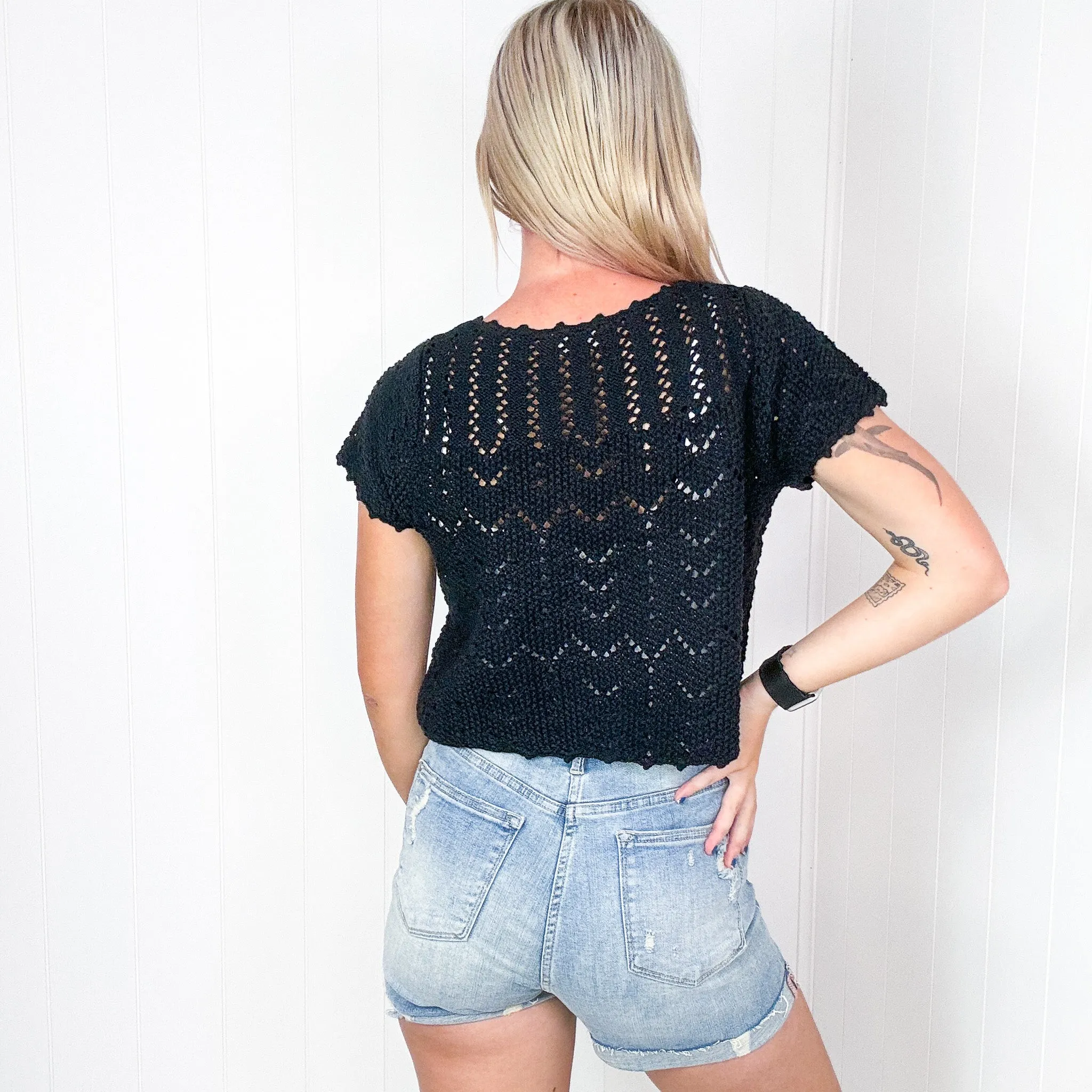 Black Crochet Nighttime Coffee Cropped Cardigan