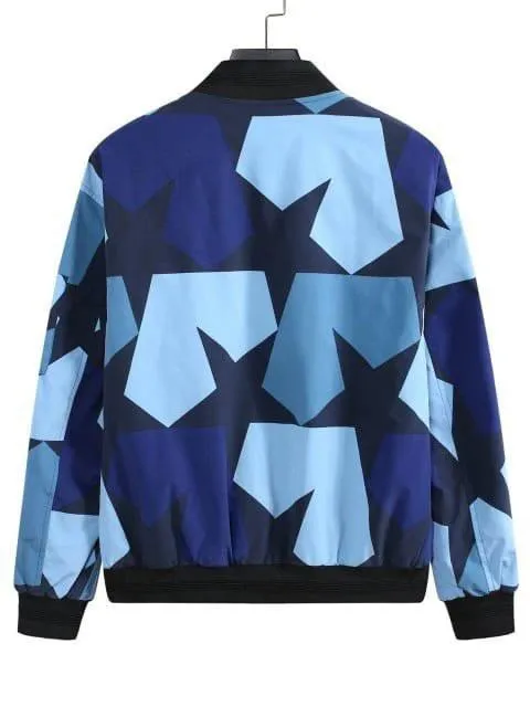 Blue camo-Star Print Zip Up Multi Pockets Baseball jacket