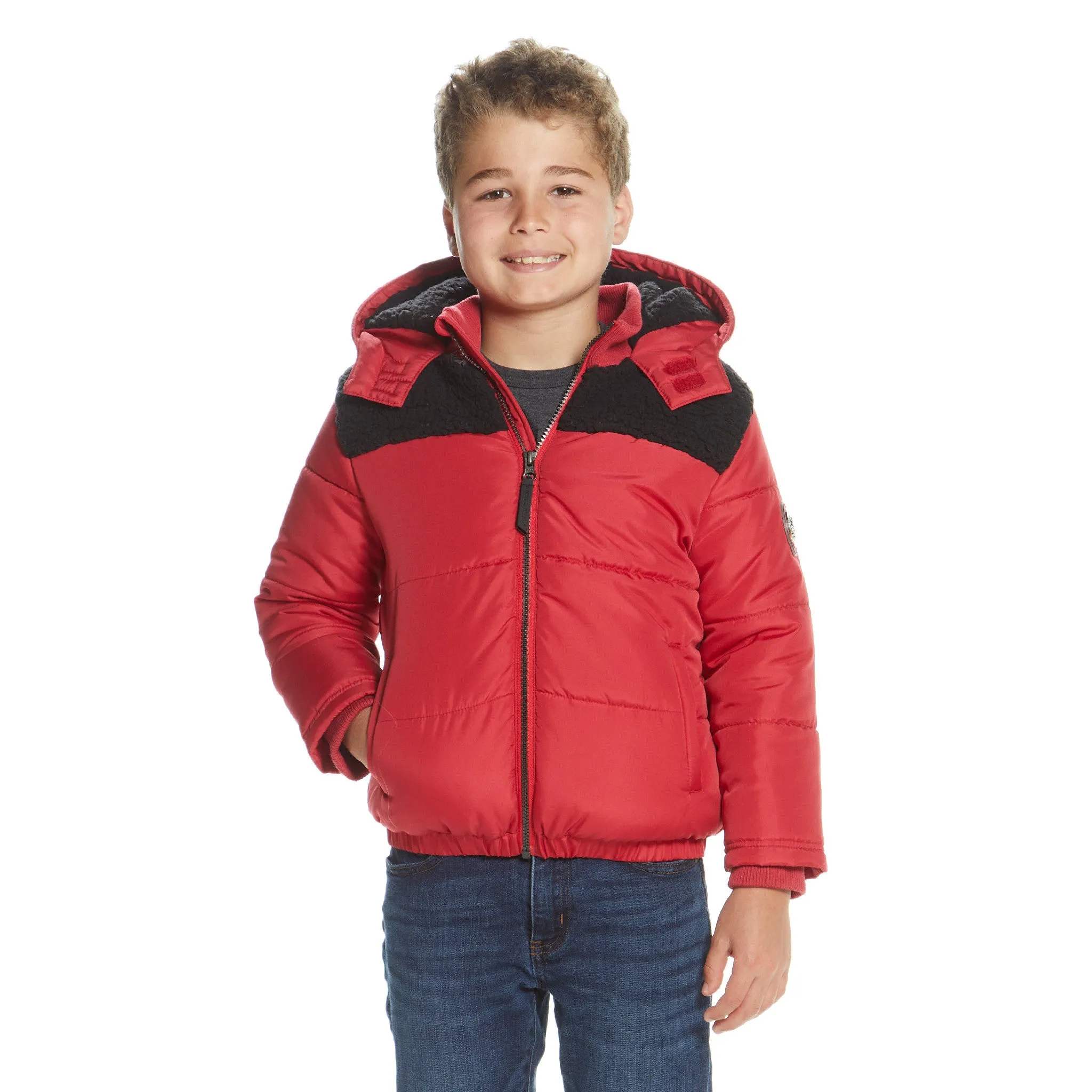 Boys Red Sherpa Shoulder Puffer Coat