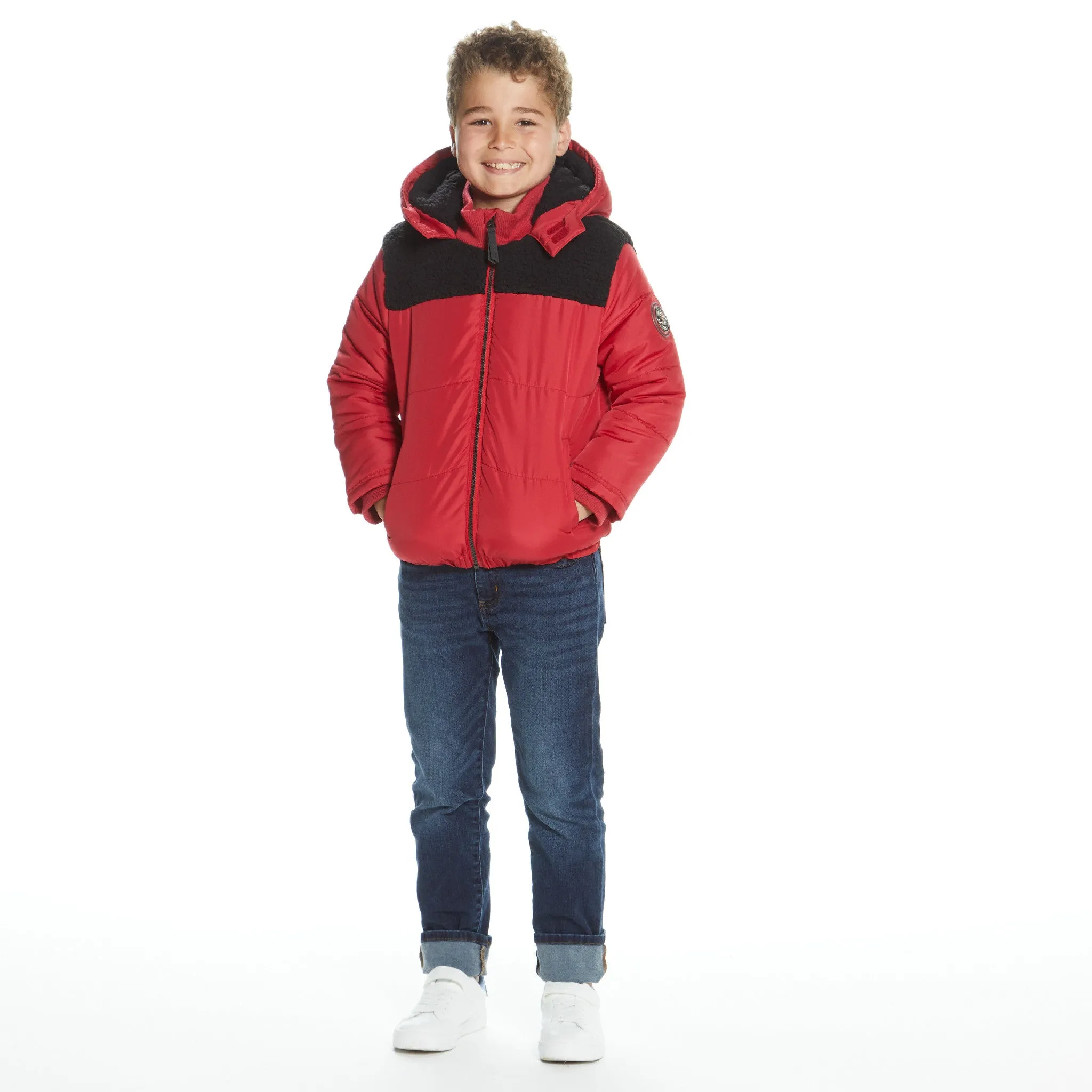 Boys Red Sherpa Shoulder Puffer Coat