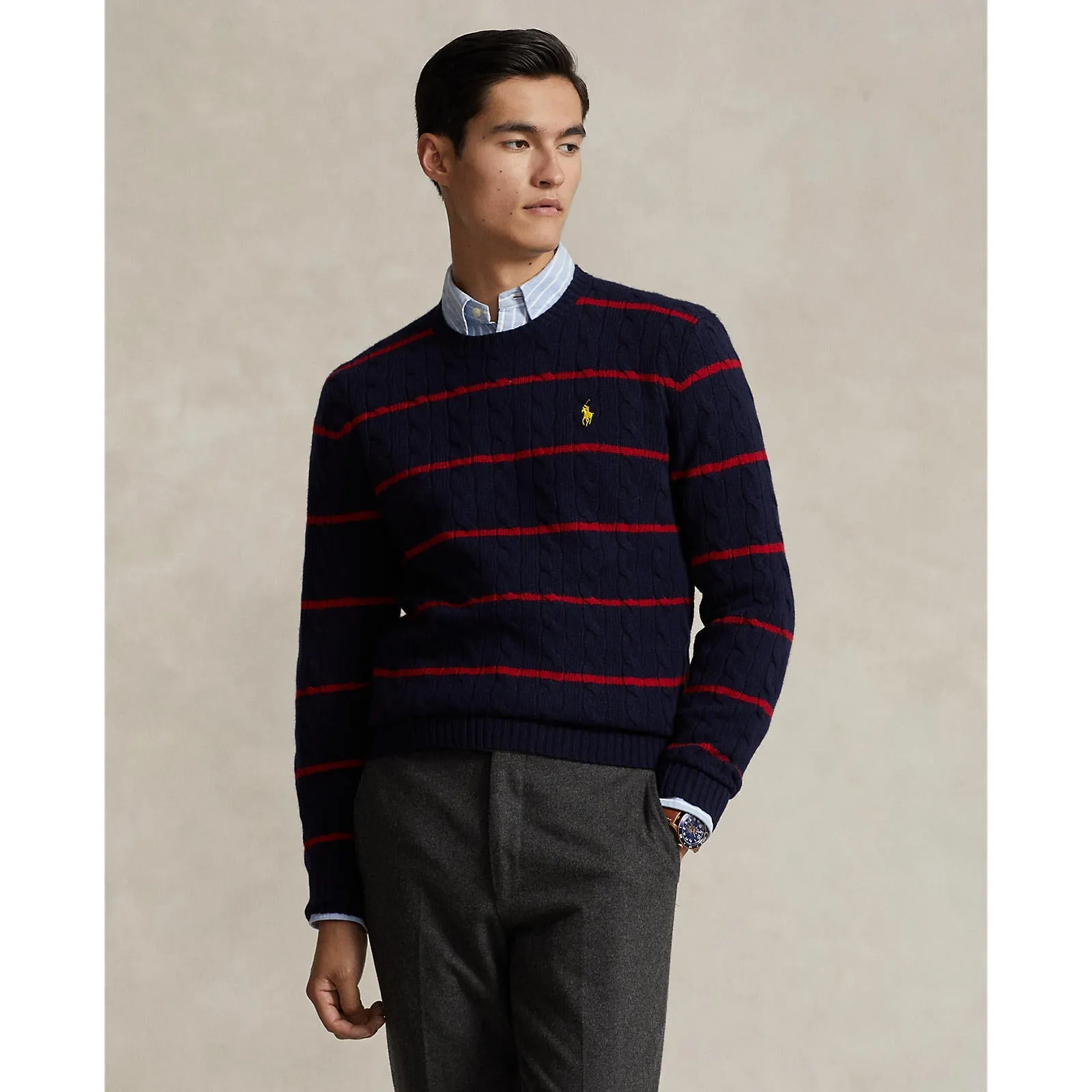 Cableknit Wool/Cashmere Crewneck Sweater - Striped - Navy & Red