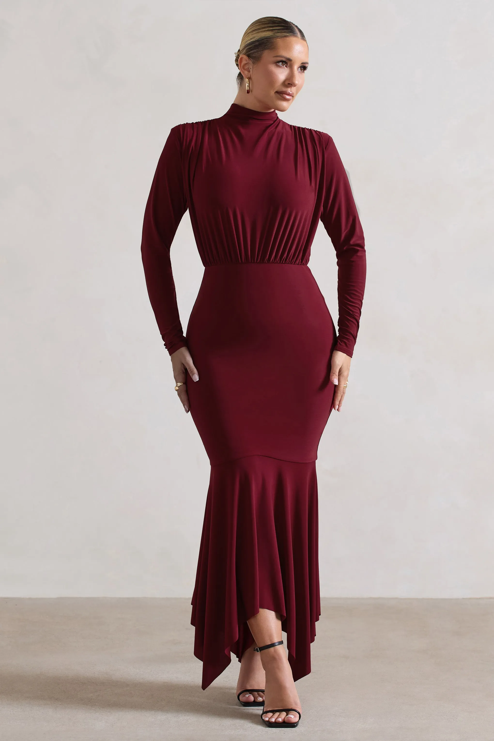 Carla | Berry High-Neck Midi Dress With Draped Hem