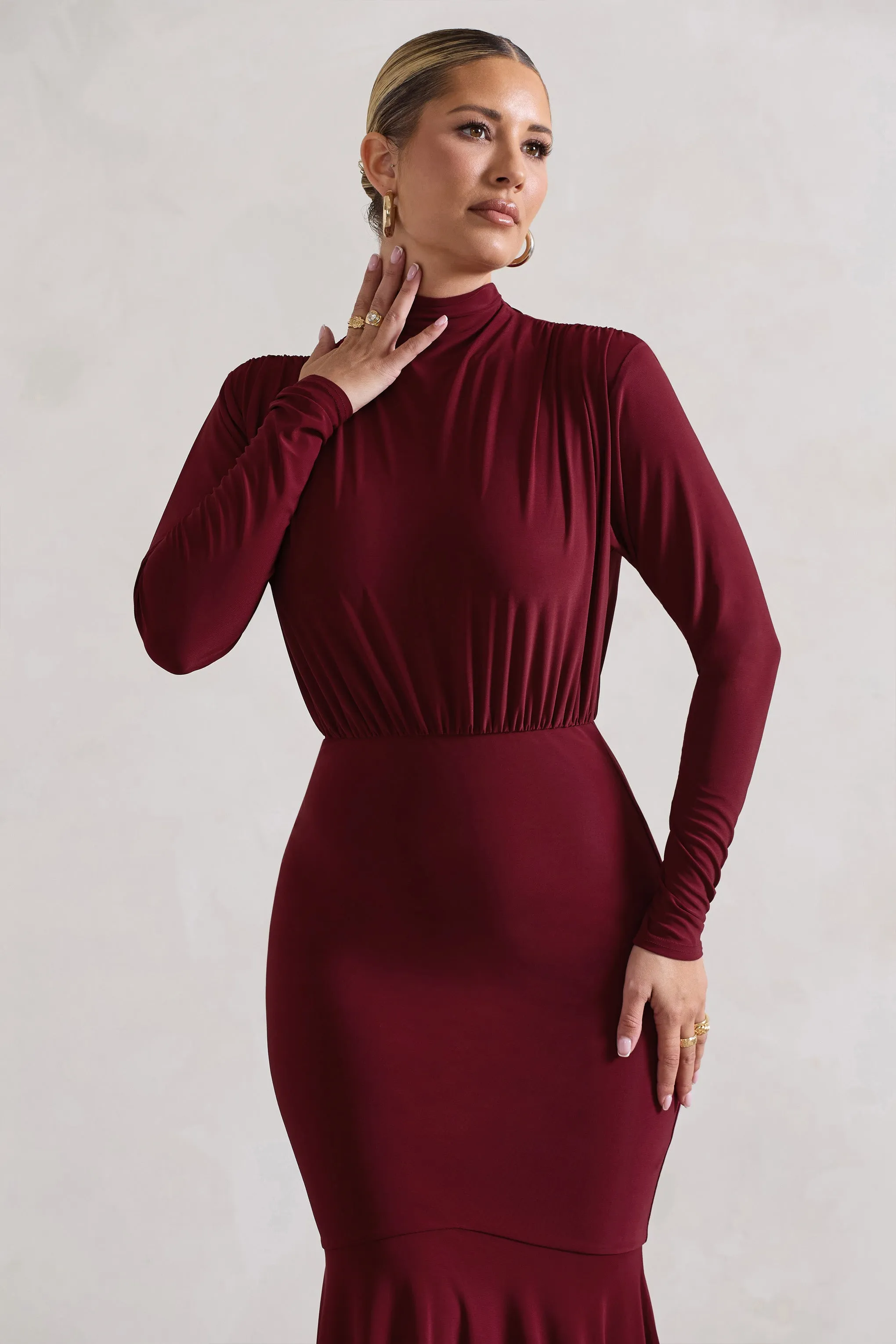 Carla | Berry High-Neck Midi Dress With Draped Hem