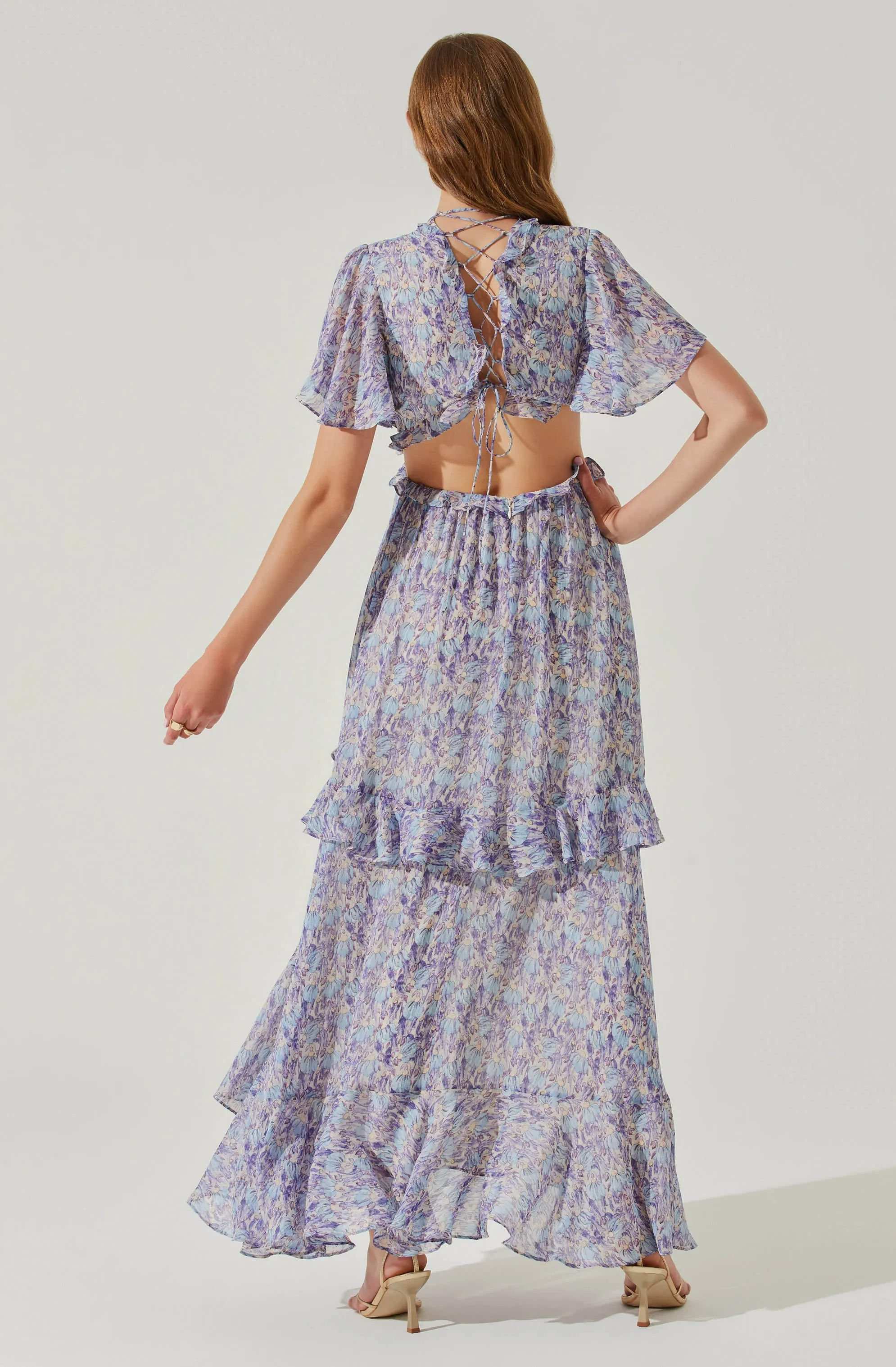 Cherli Floral Lace Up Tiered Ruffle Midi Dress