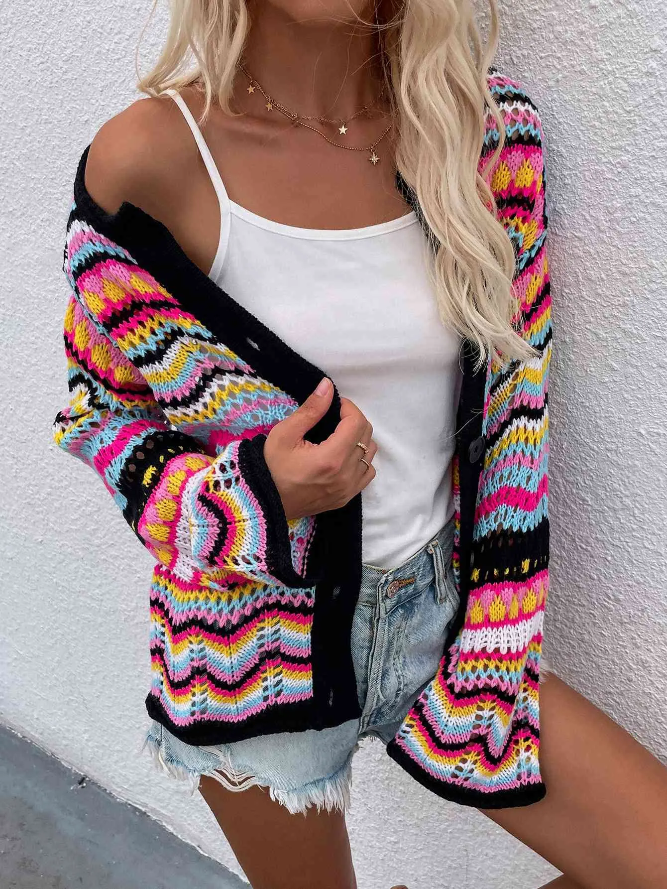 Chevron Stripes Openwork Cardigan