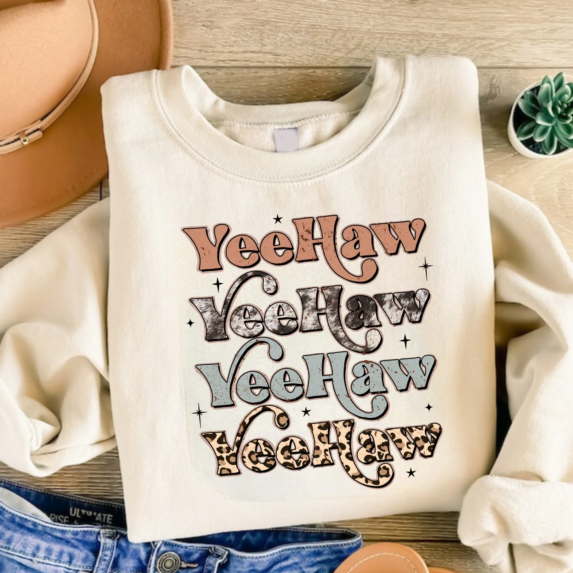 Cow Print Yee Haw Western Crewneck Sweatshirt