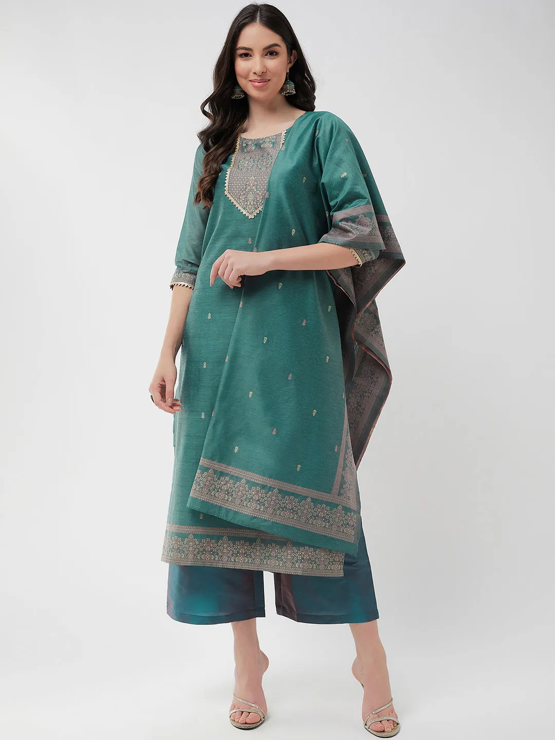 Festive Jacquard Neck Patch Kurta With Dupatta And Matching Pants