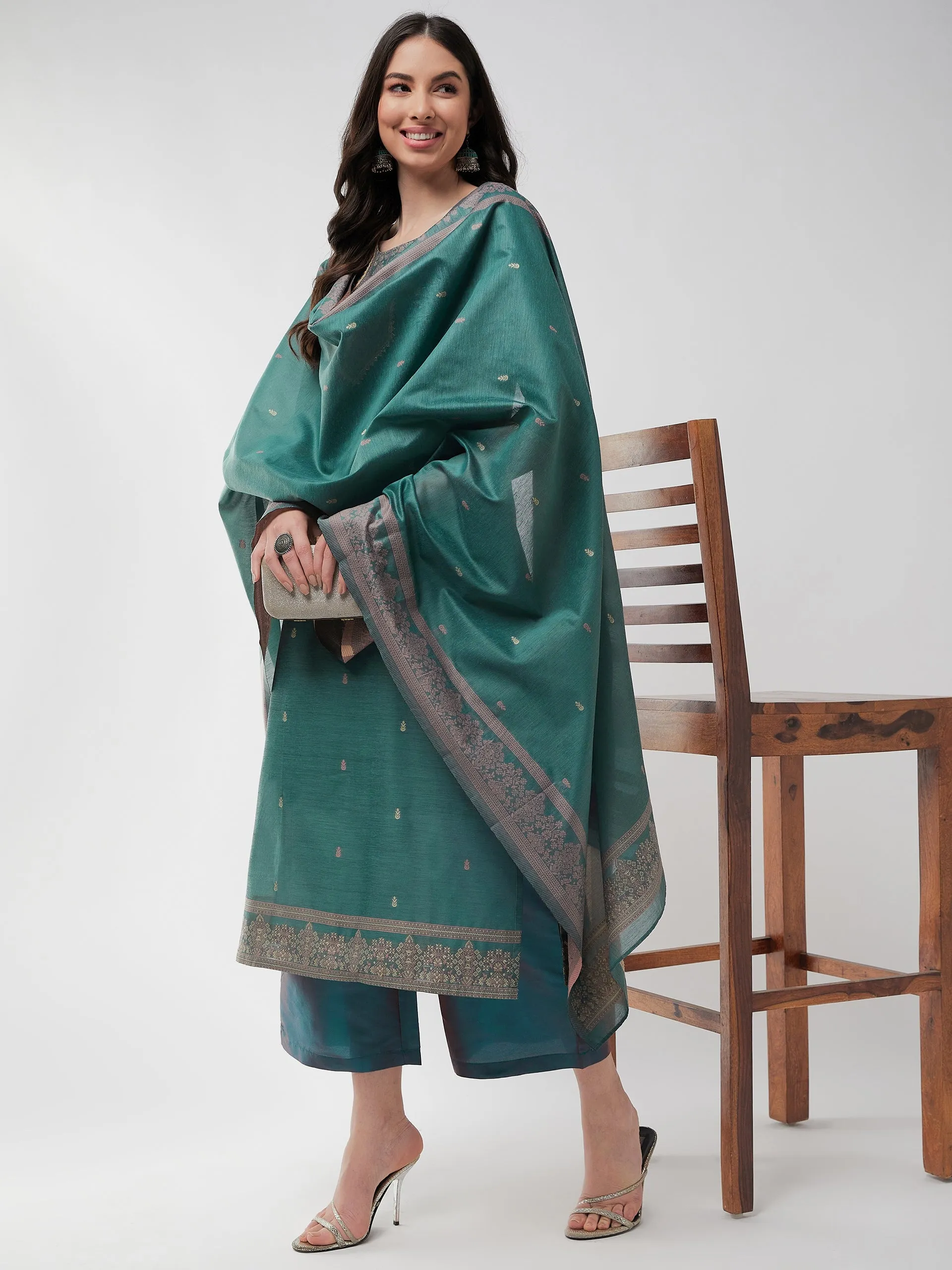 Festive Jacquard Neck Patch Kurta With Dupatta And Matching Pants