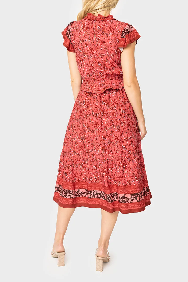 Harvest Moon Flutter Sleeve Border Print Midi Dress