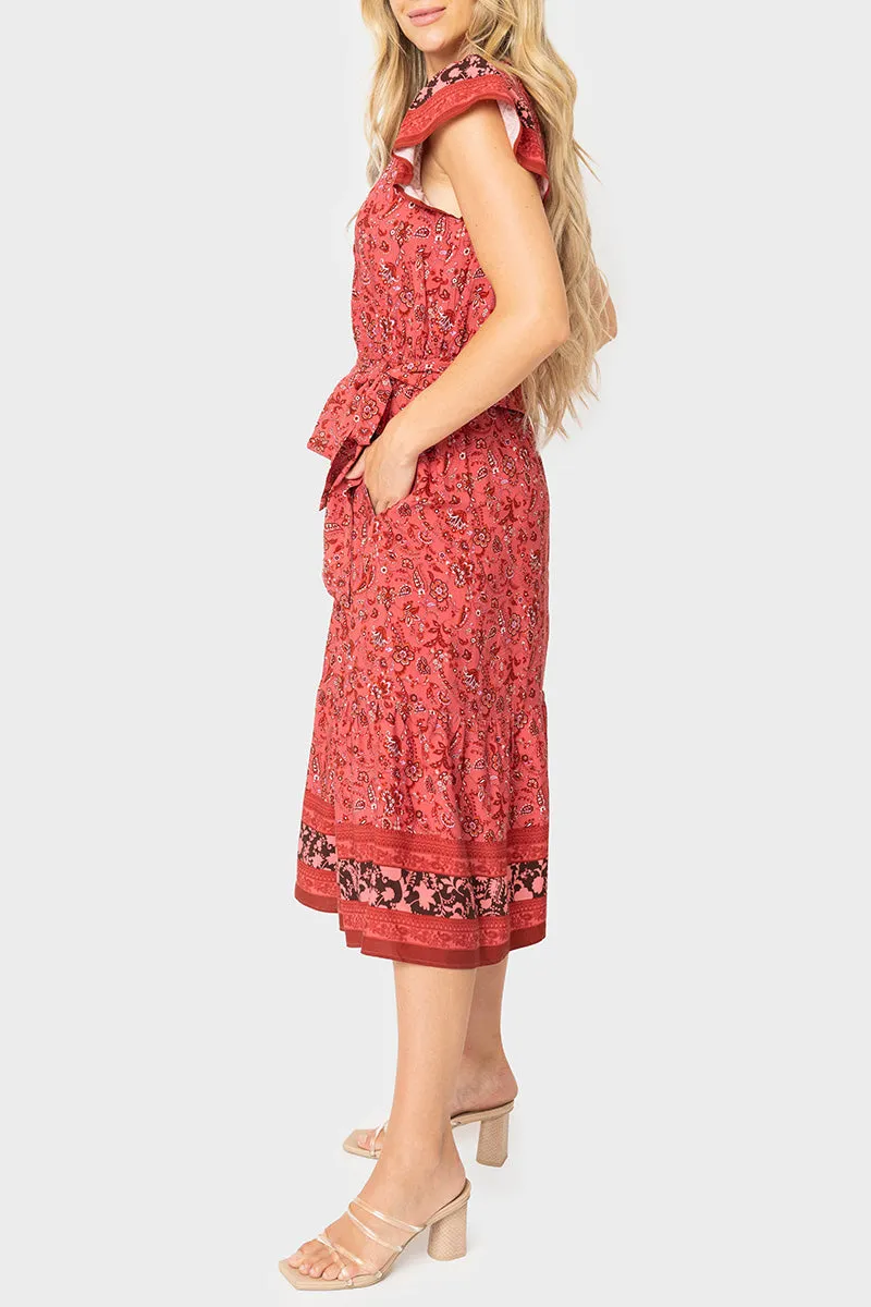 Harvest Moon Flutter Sleeve Border Print Midi Dress