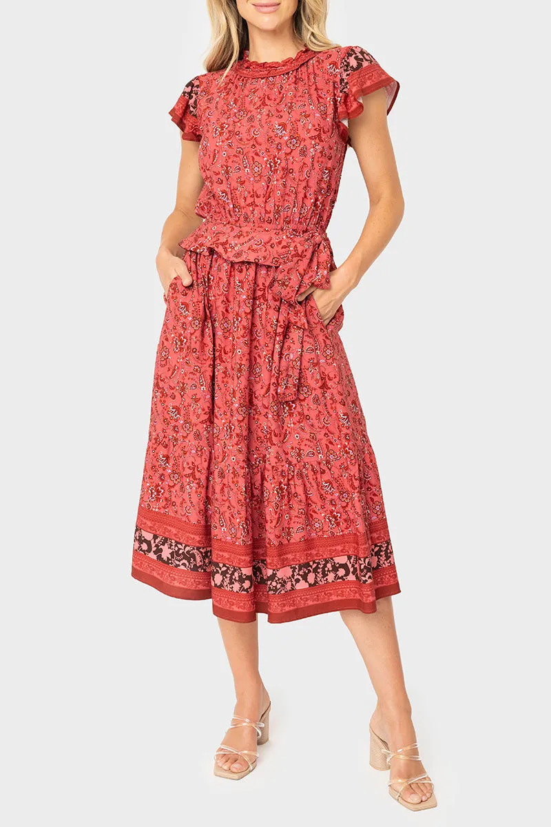 Harvest Moon Flutter Sleeve Border Print Midi Dress