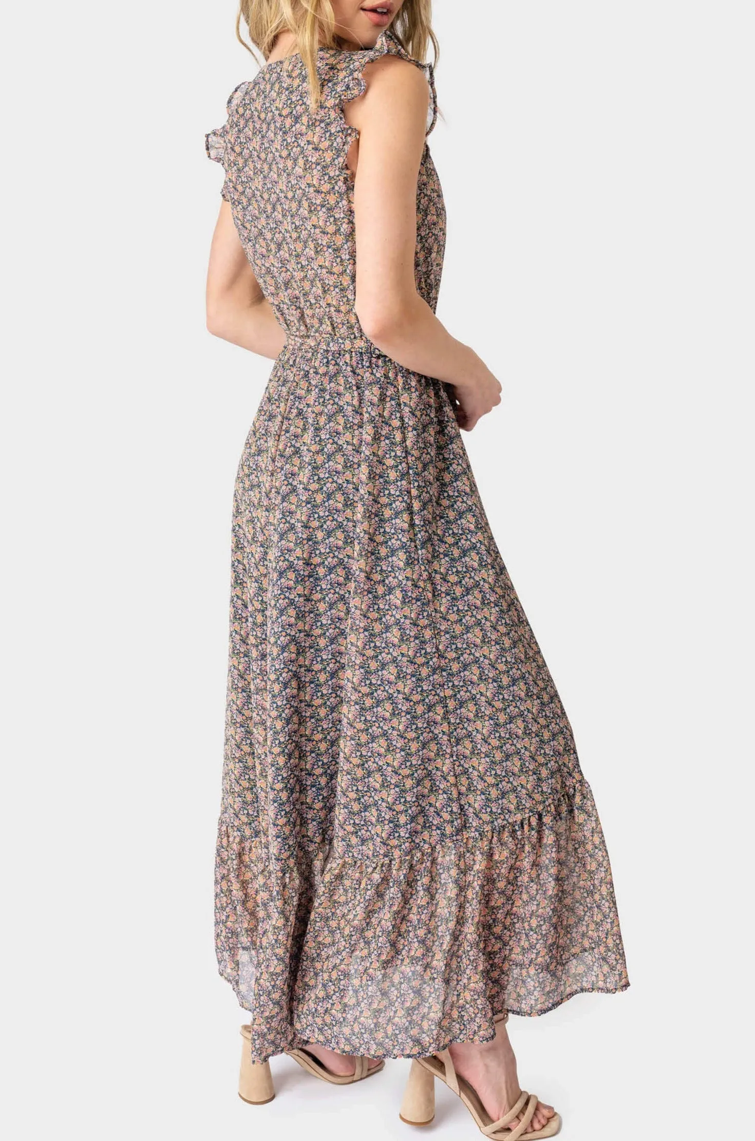 Lindsey Flutter Sleeve Flowy Wrap Maxi Dress