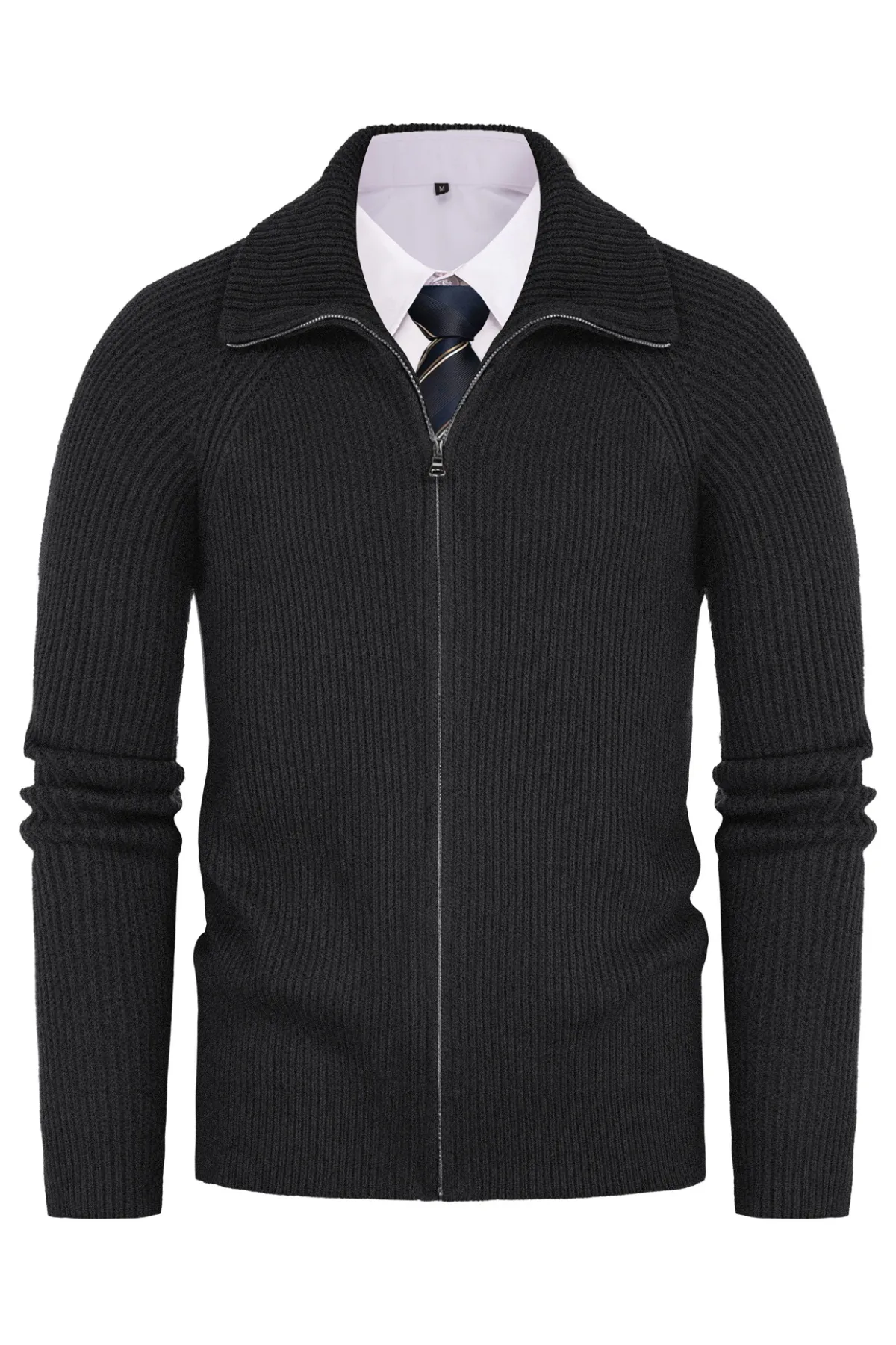 Men's Full Zip Cardigan Sweaters Unisex Lapel Collar Raglan Long Sleeve Casual Ribbed Sweater