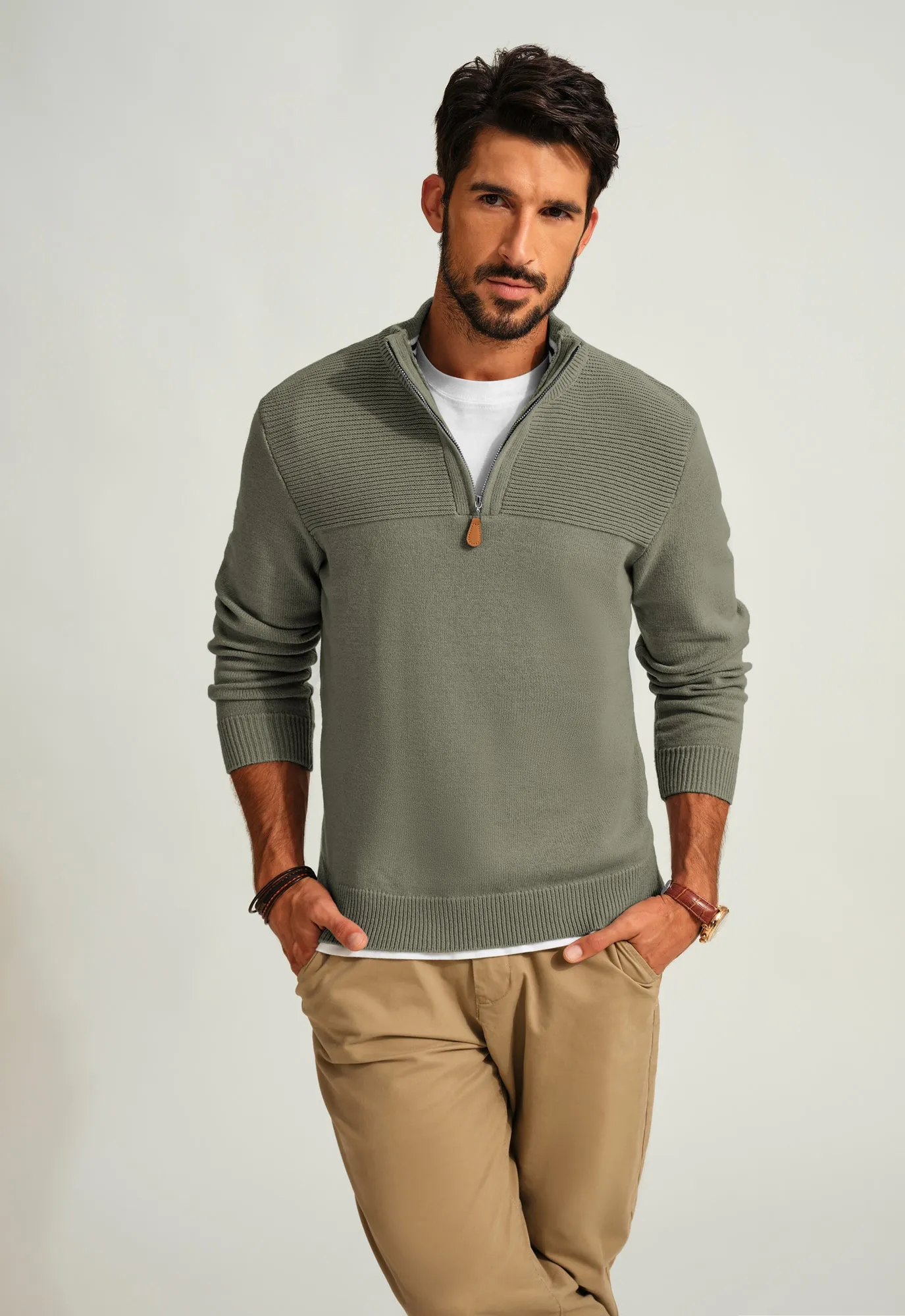 Men's Quarter Zip Sweater Slim Fit Casual Pullover Sweater Mock Neck Polo Sweaters