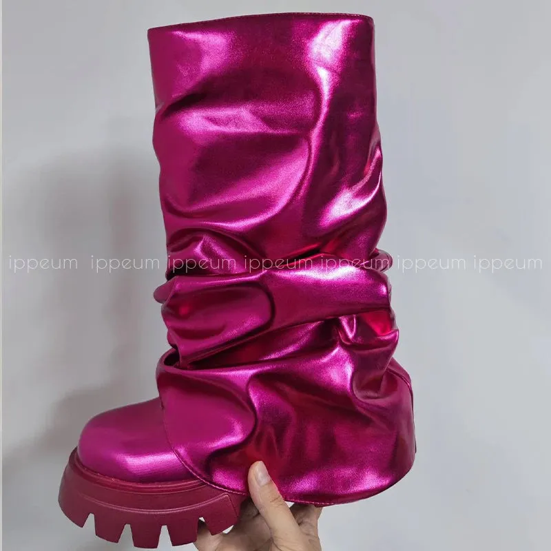 Metallic Boots Mid Calf In Gold Shark Botas Luxury Winter Platform y2k Shoes For Women Free Shipping