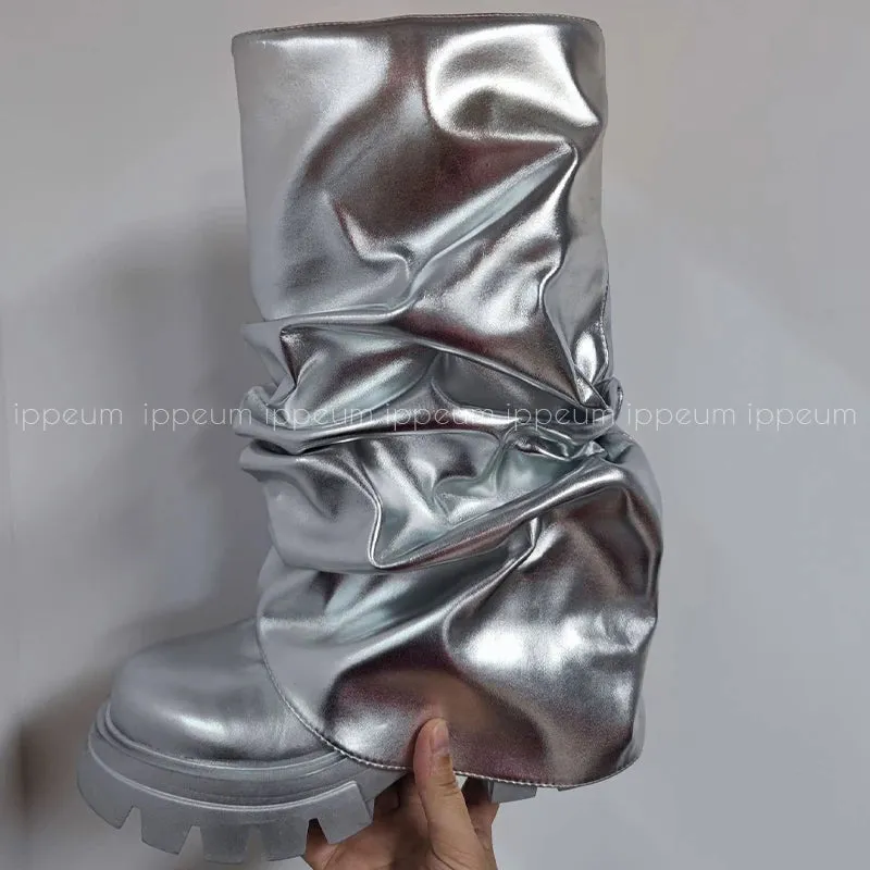 Metallic Boots Mid Calf In Gold Shark Botas Luxury Winter Platform y2k Shoes For Women Free Shipping