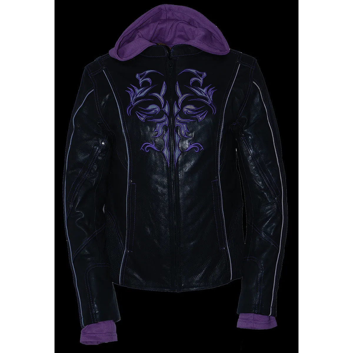 Milwaukee Leather ML2067 Women's 3/4 Black and Purple Leather Hoodie Jacket with Reflective Tribal Design