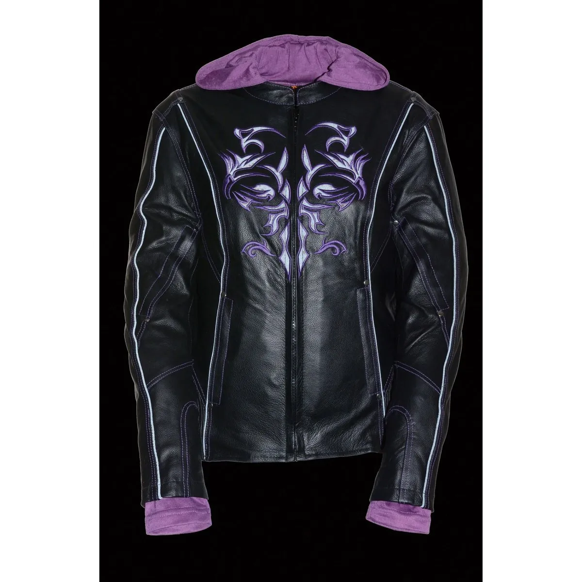 Milwaukee Leather ML2067 Women's 3/4 Black and Purple Leather Hoodie Jacket with Reflective Tribal Design