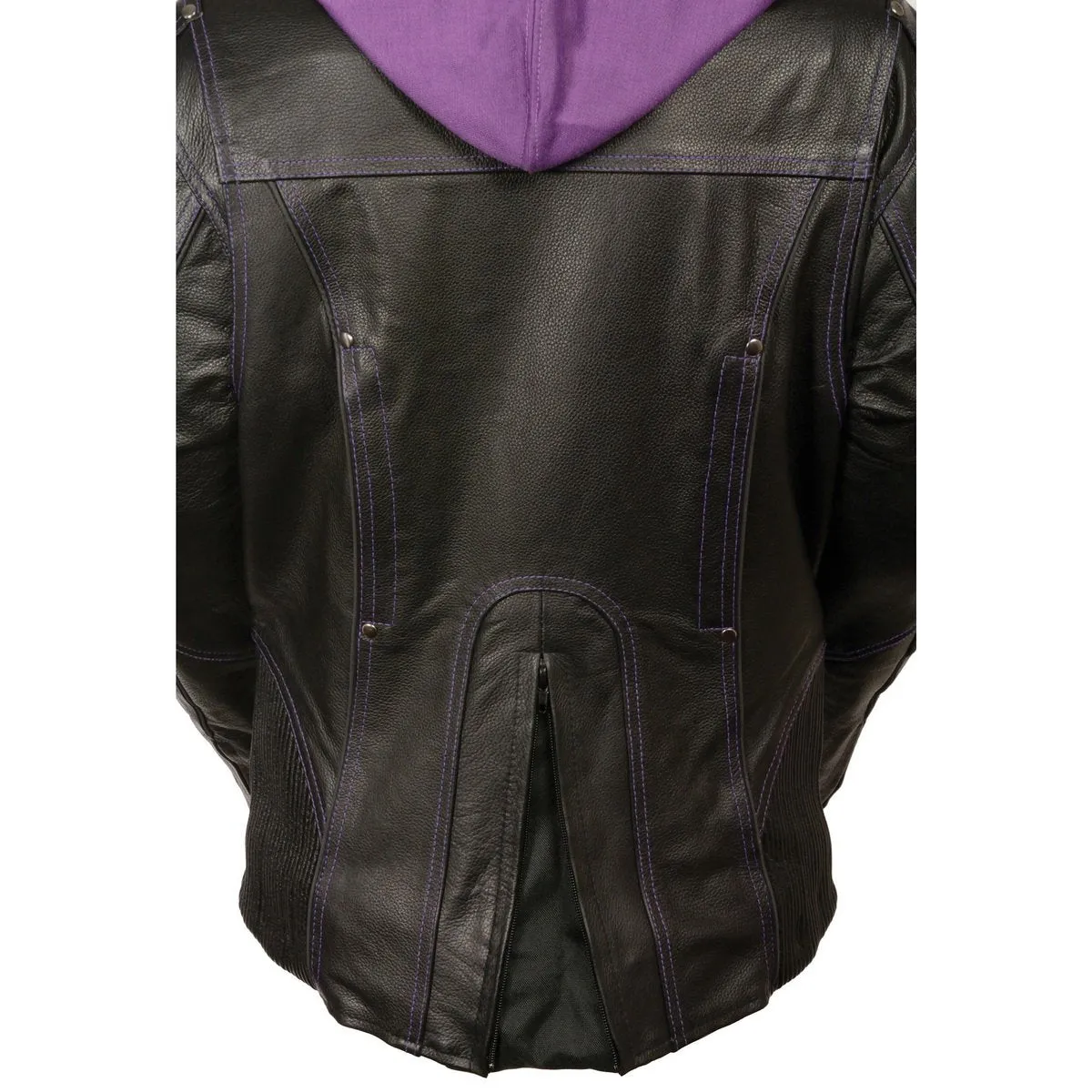 Milwaukee Leather ML2067 Women's 3/4 Black and Purple Leather Hoodie Jacket with Reflective Tribal Design