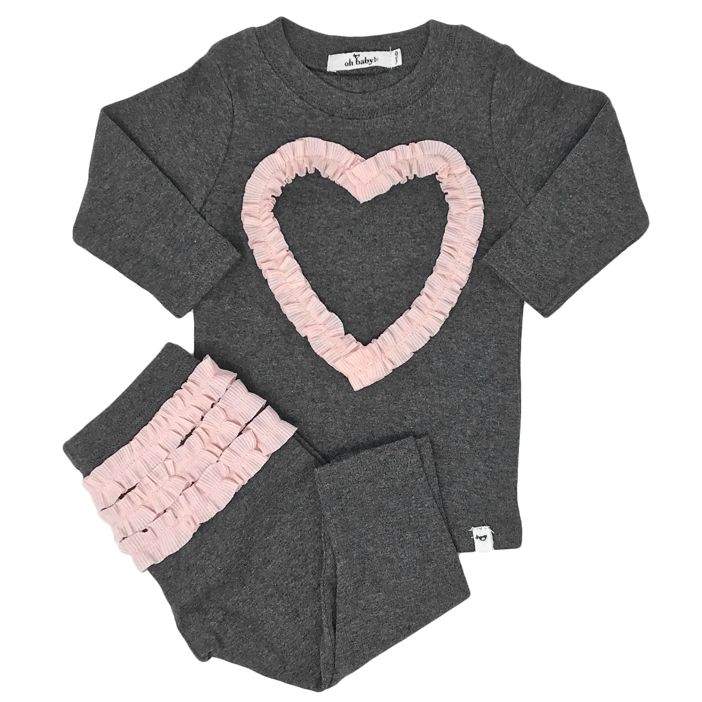 oh baby! Two Piece Set - Ruffle Heart Pale Pink - Charcoal Heather