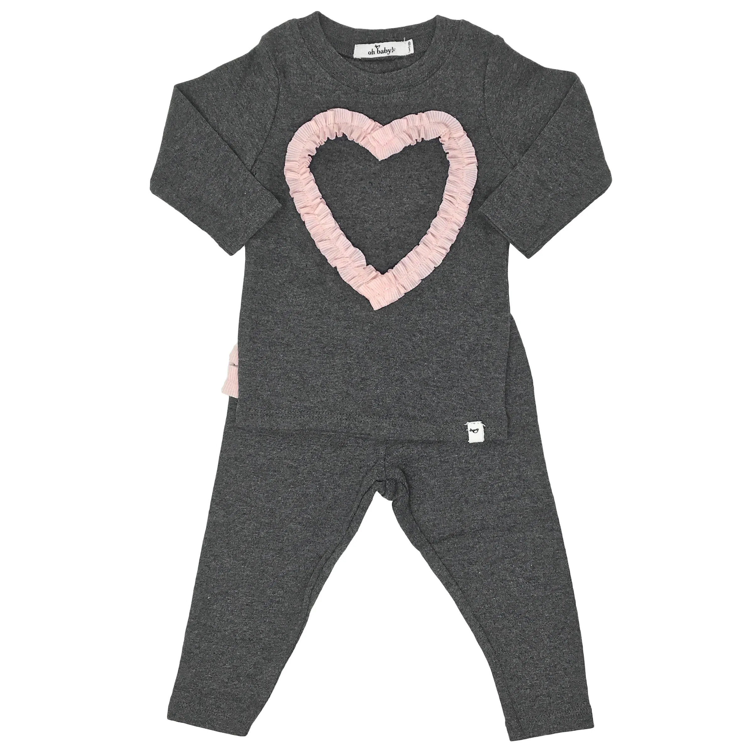 oh baby! Two Piece Set - Ruffle Heart Pale Pink - Charcoal Heather